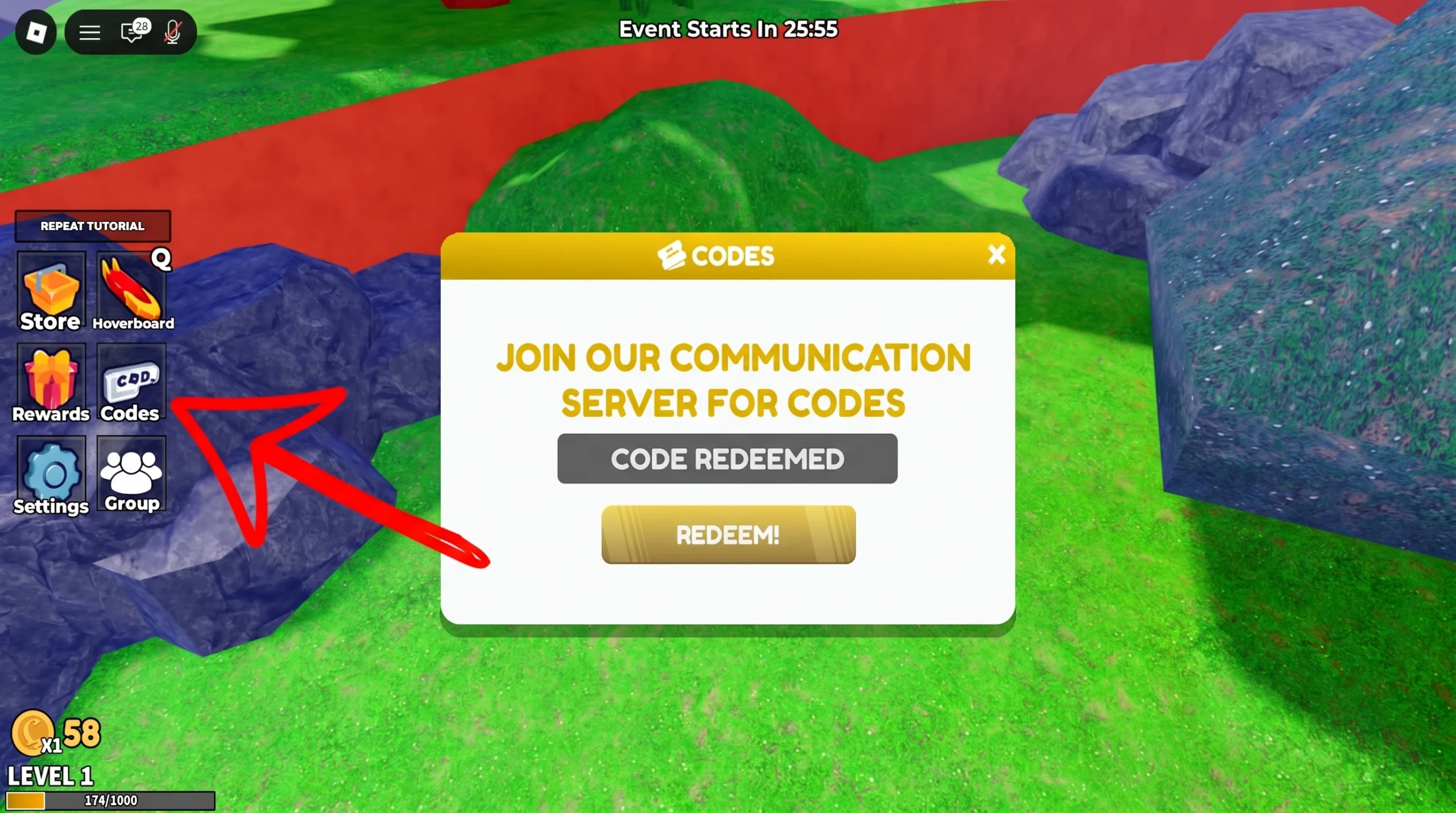 Roblox Stay For Fortune code system. Arrow pointing to the Codes button