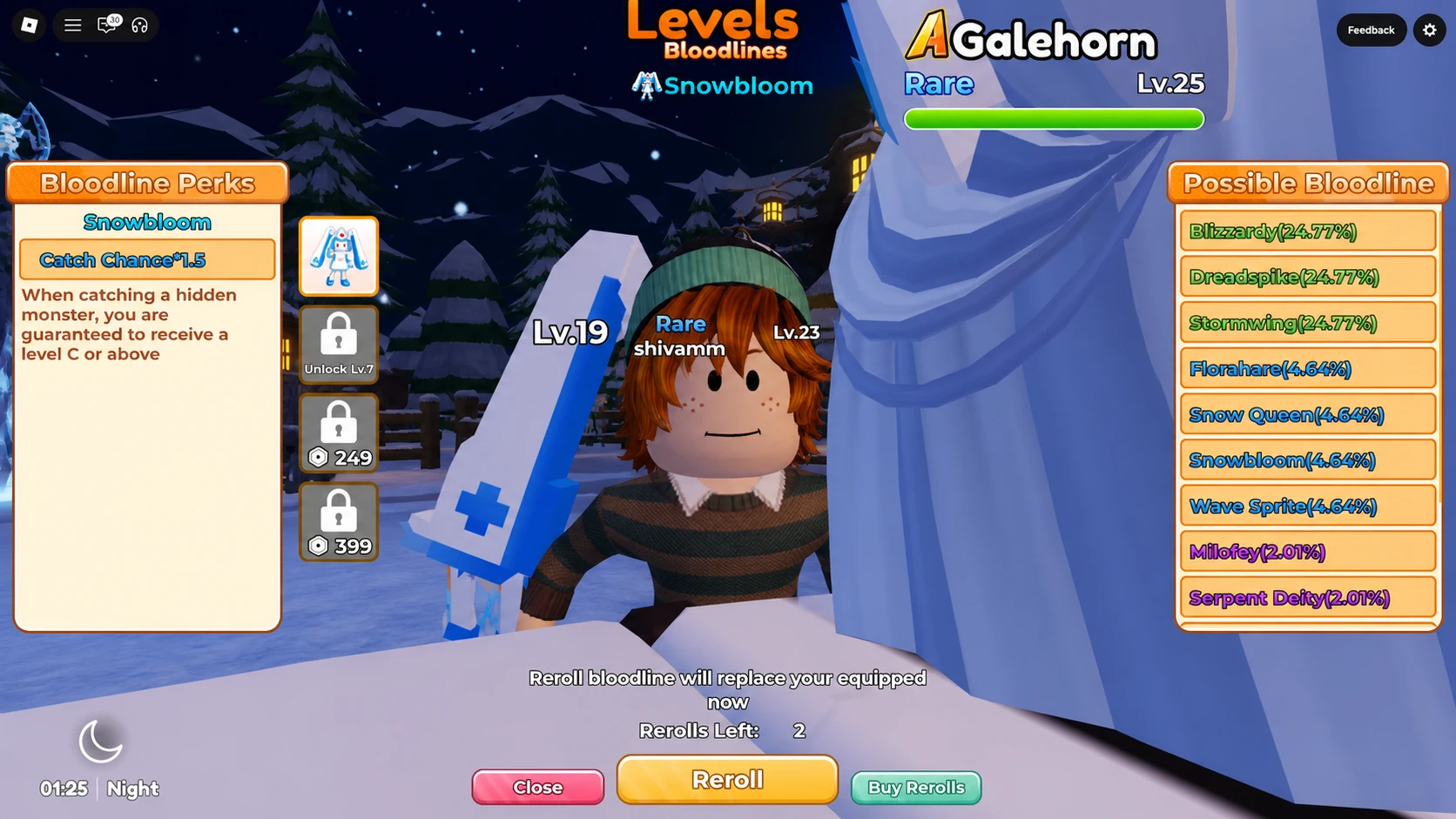 image showing the Bloodline Reroll menu in Blox Monsters