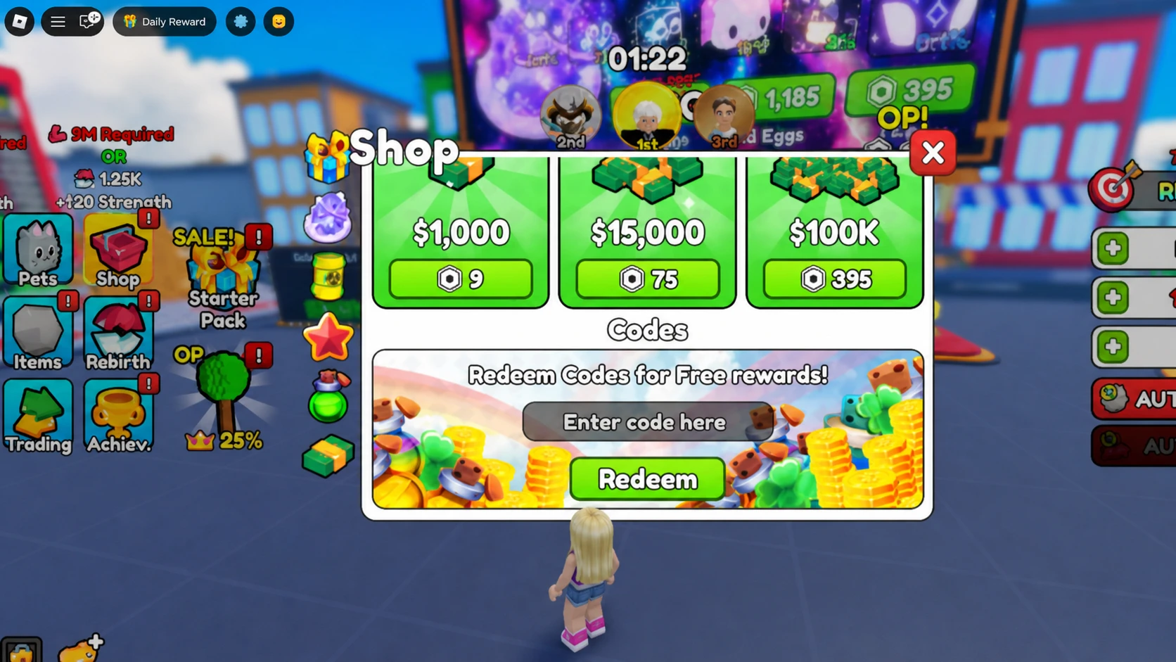 Throwing Simulator codes: A screenshot of the shop in the game with Pocket Tactics in the code box and a PT logo in the top right corner