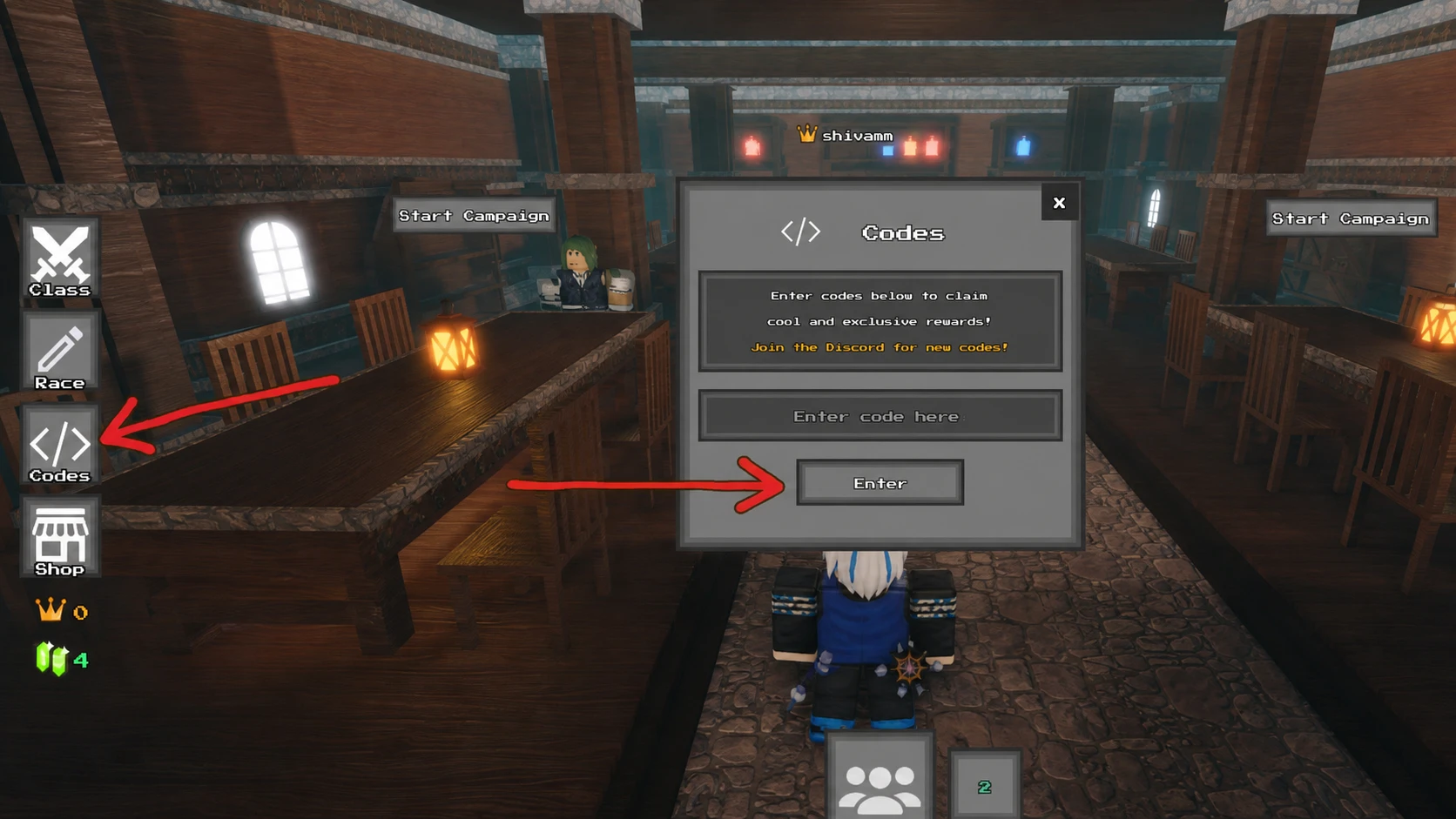 Roblox Guilds code system. Arrows pointing to the Codes button and how to redeem