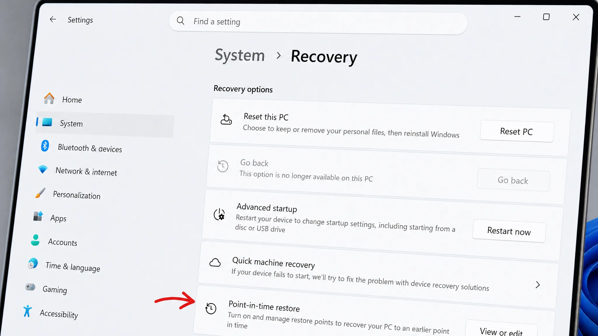 Point-in-time restore setting