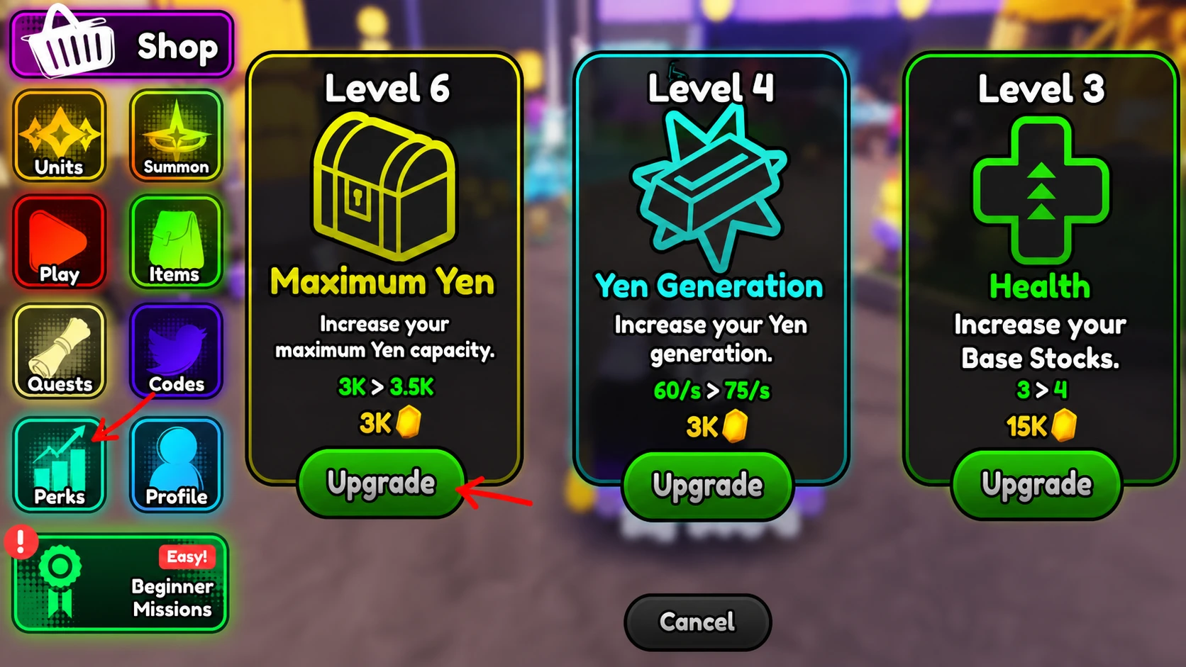 Upgrade Perks in Anime Squadron
