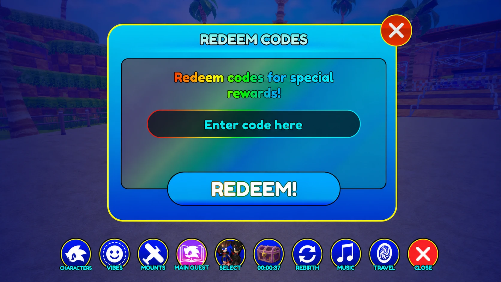 Sonic Speed Simulator codes redemption screen with the words Pocket Tactics written in place of a code