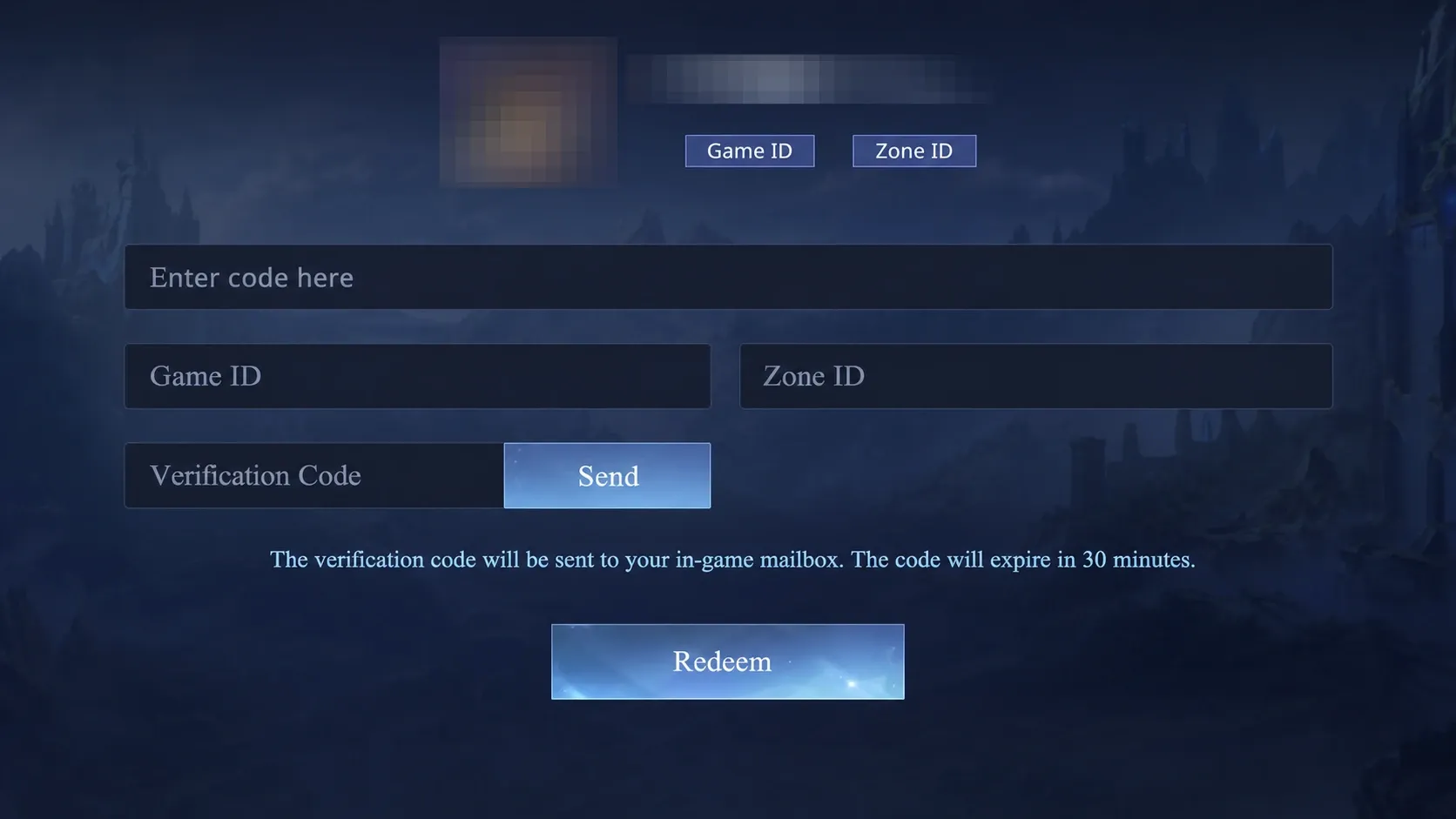 The MLBB codes redemption screen