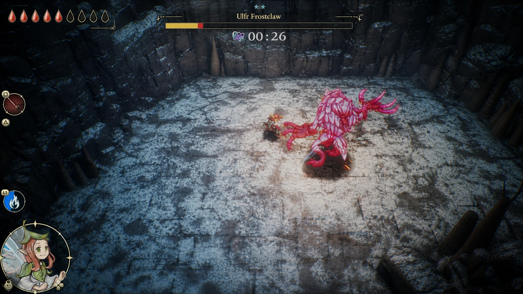 Elliot facing a large boss with extra attacks and damage