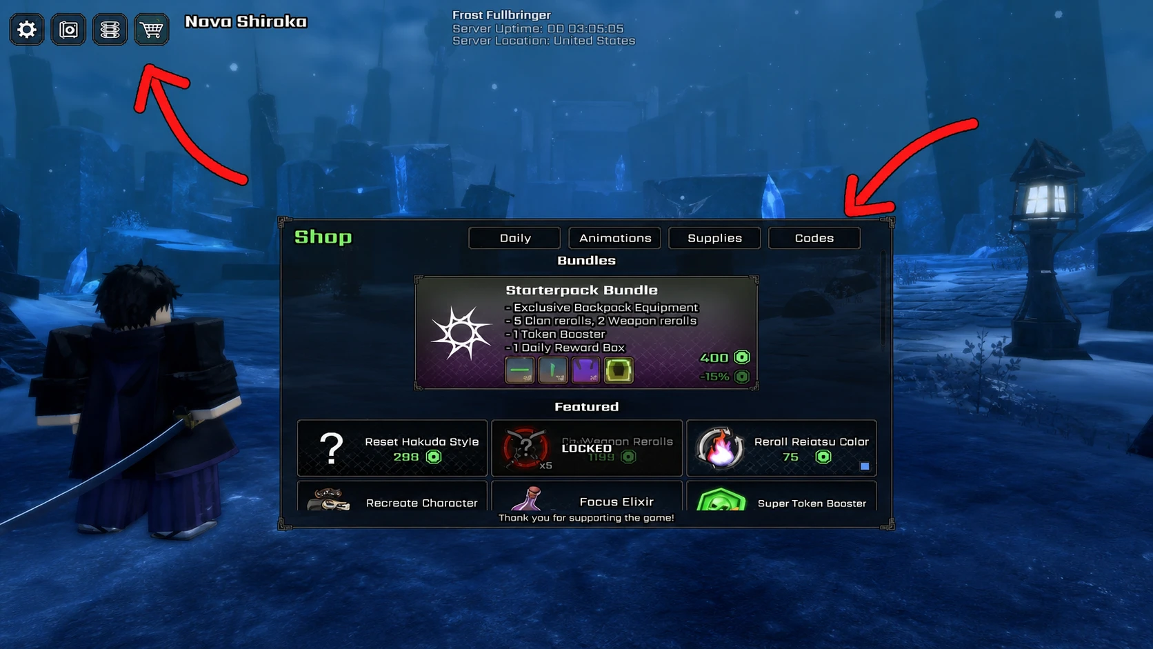 ULTIMATUM codes redemption screen showing the arrow pointing to the Codes Redemption system