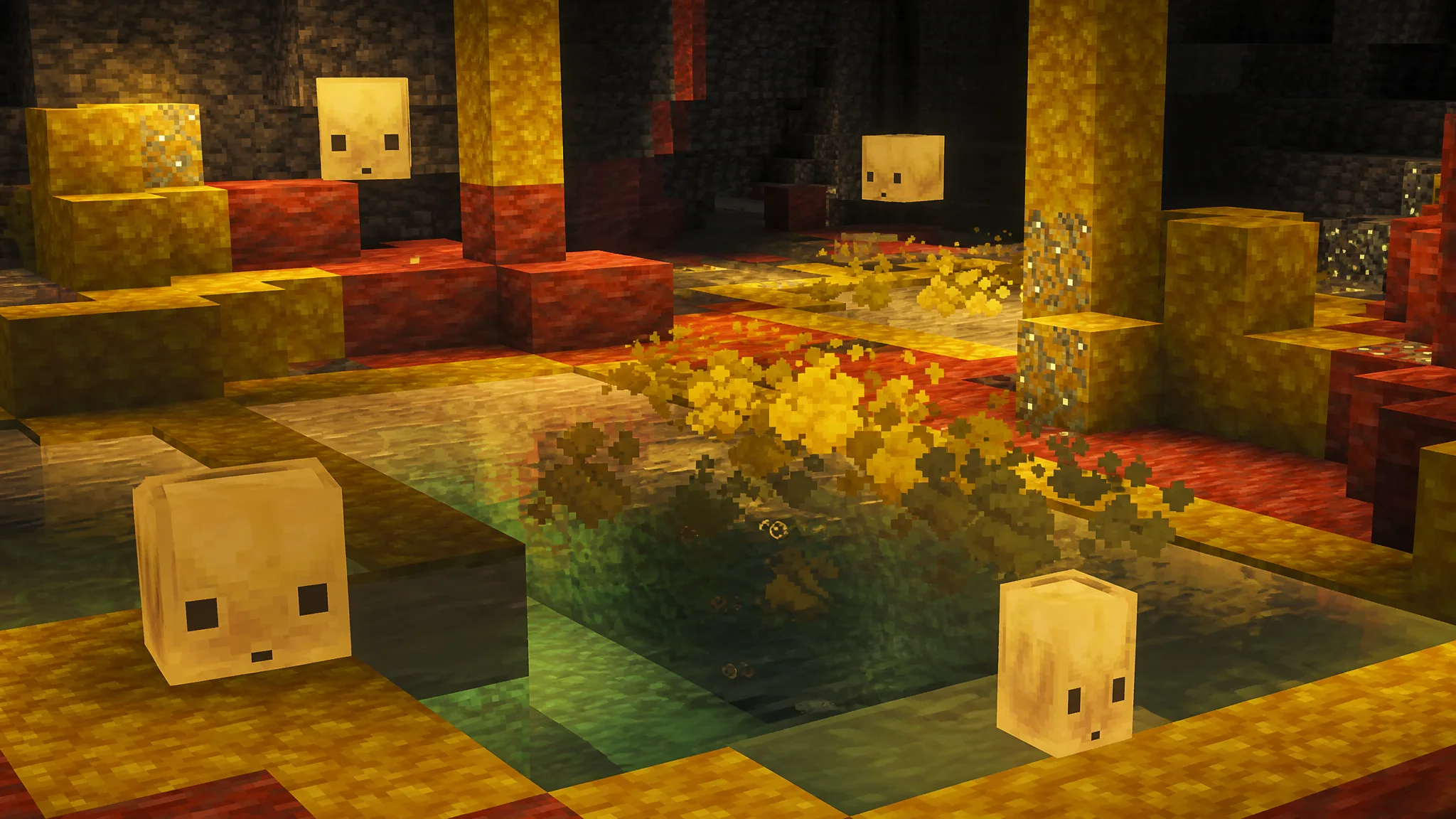 Sulfur cubes hopping around cave in minecraft