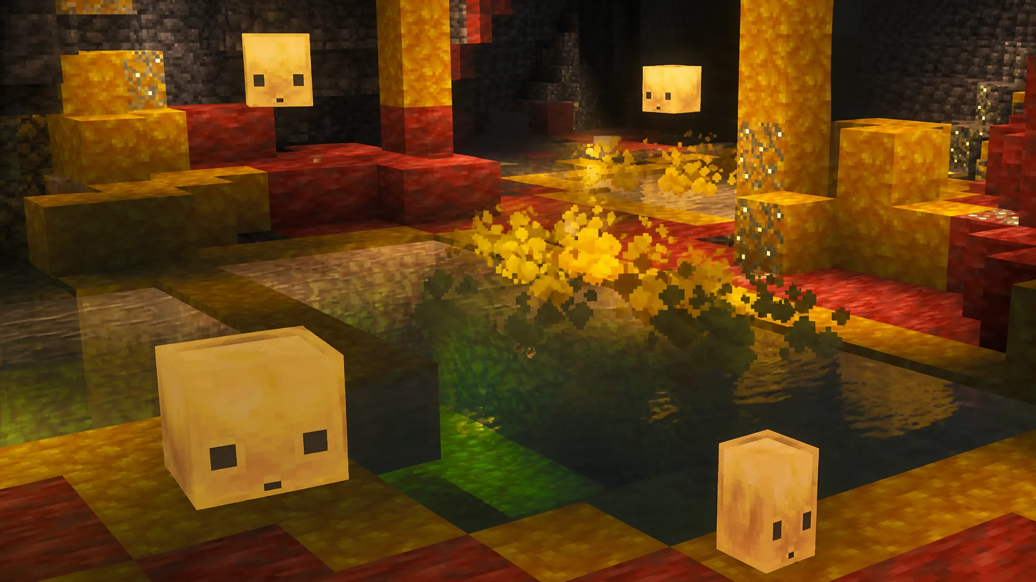 Sulfur cubes hopping around cave in minecraft