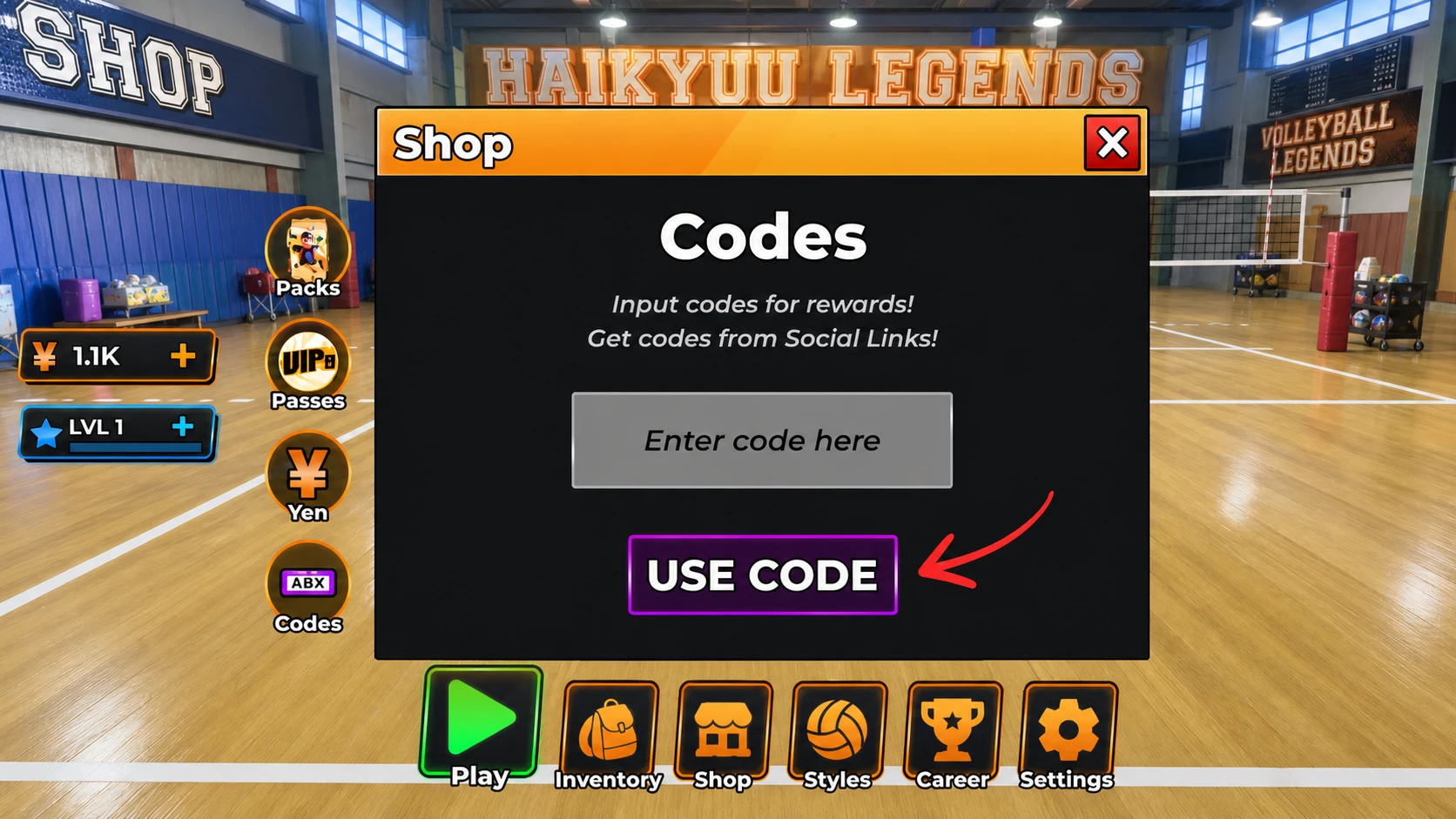 Volleyball Legends code redemption screen in front of a volleyball court