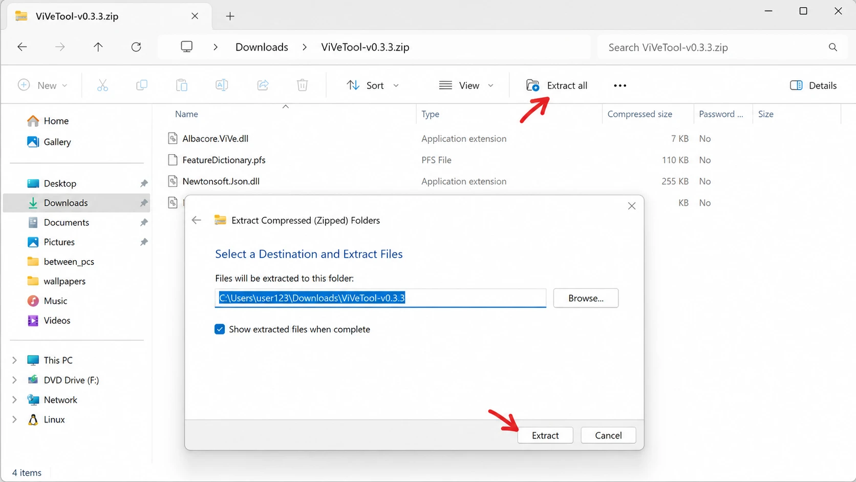 Extract ViVeTool zip file