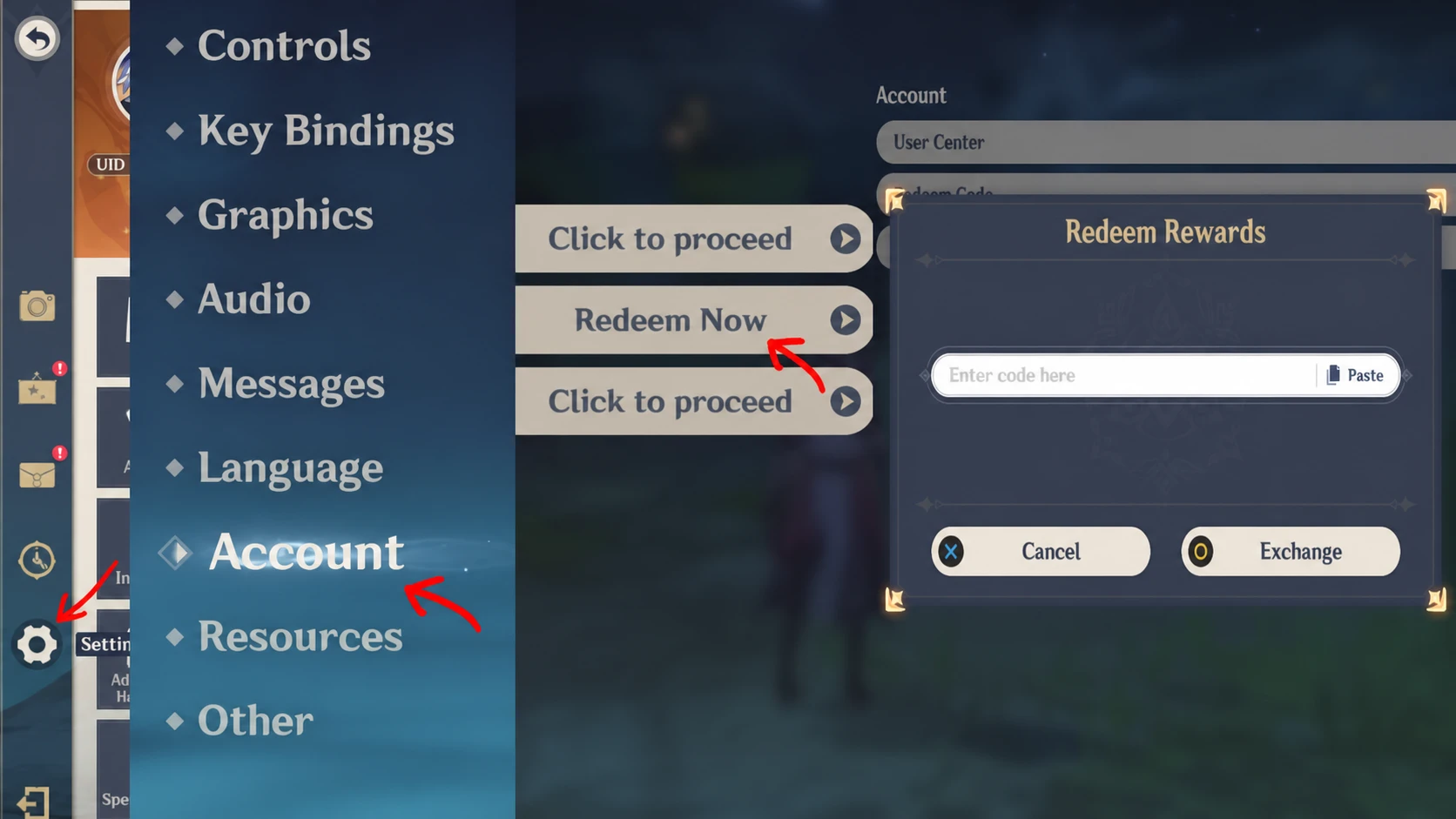 redeem Genshin codes using in-game method