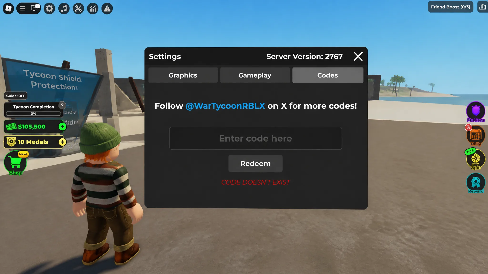 redeem Roblox war tycoon Codes