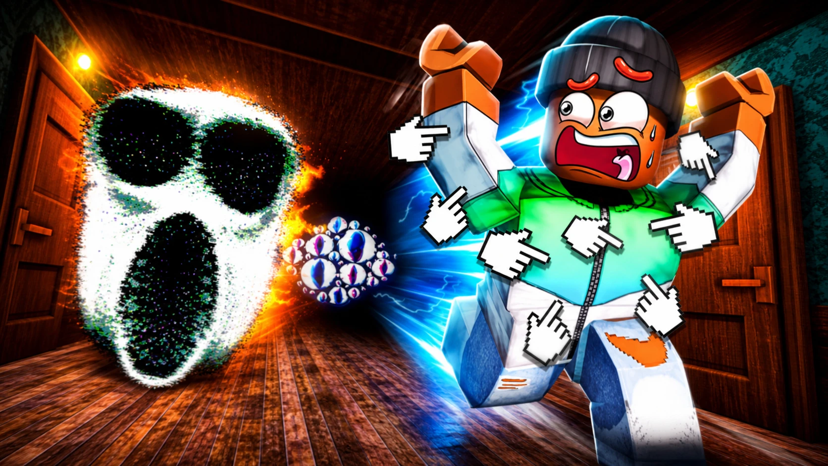Key art of a Roblox character running from a monster in Doors Race Clicker for Roblox clicker guide