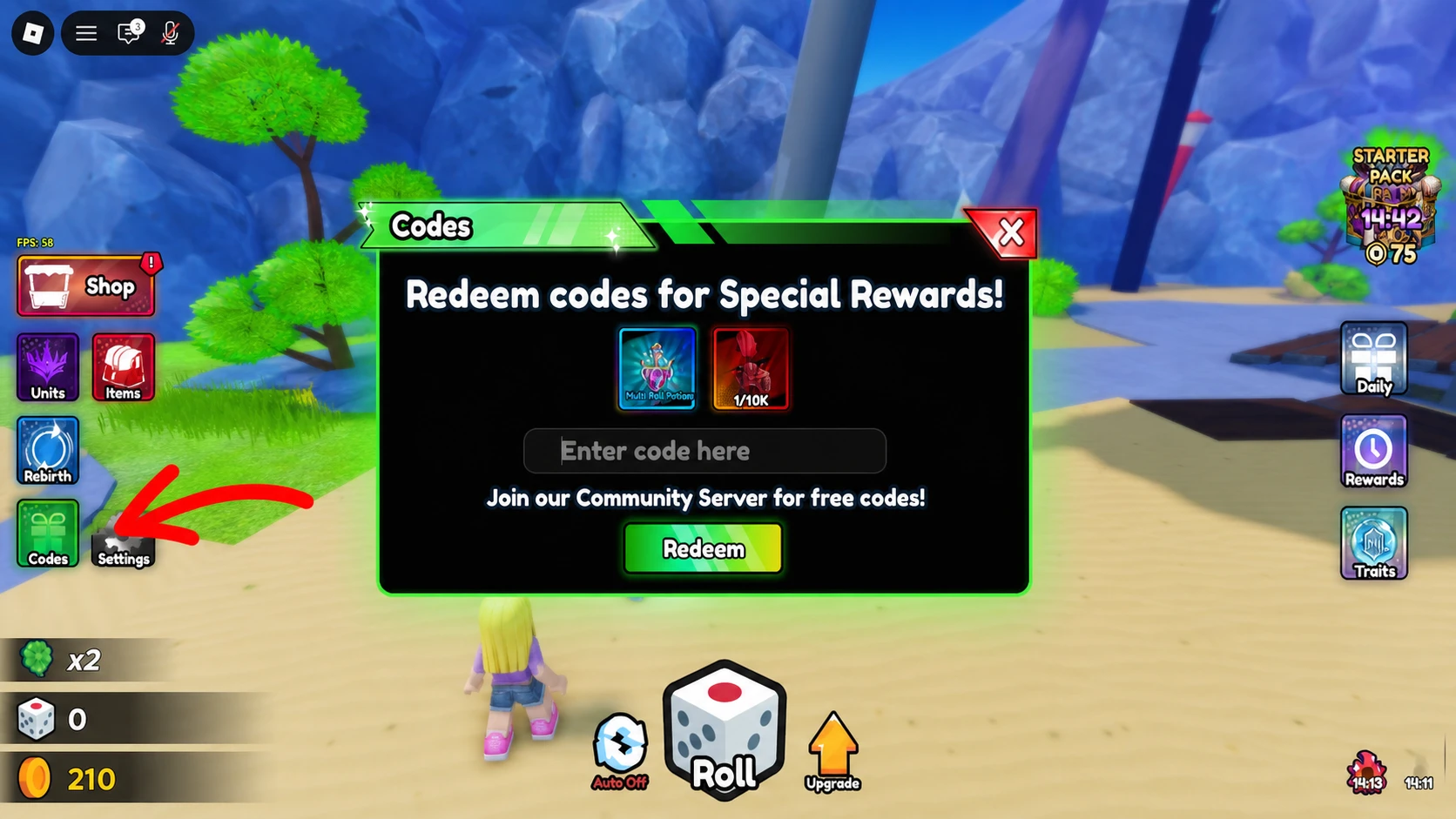 Roblox Anime Battle RNG code system. Arrow pointing to the Codes button