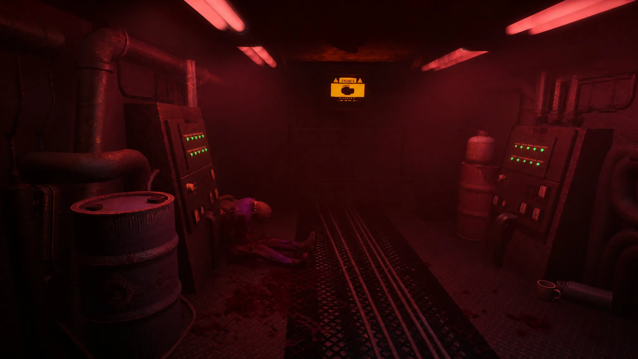Engine room with body slumped at the side