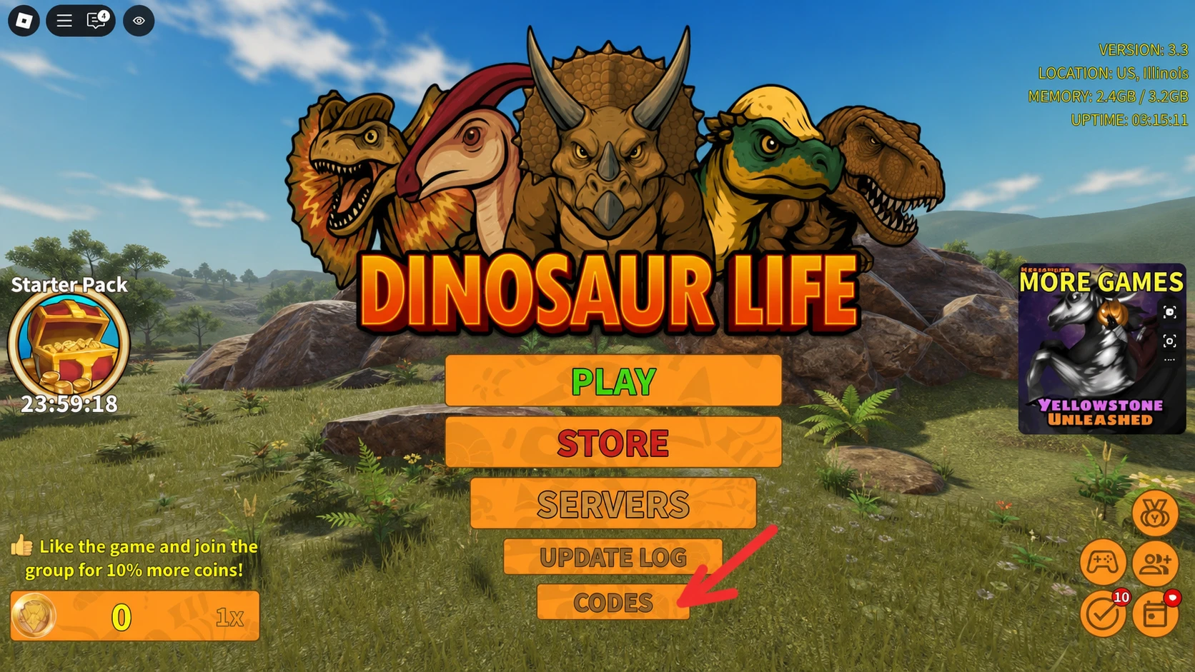 Dinosaur Life code redemption screen with coins reward confirmation