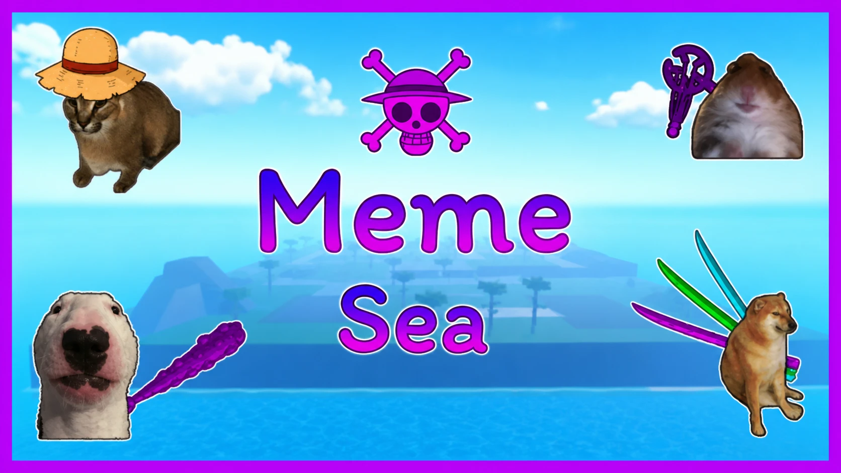 Meme Sea codes - the game's name with the One Piece logo and a bunch of memes around it