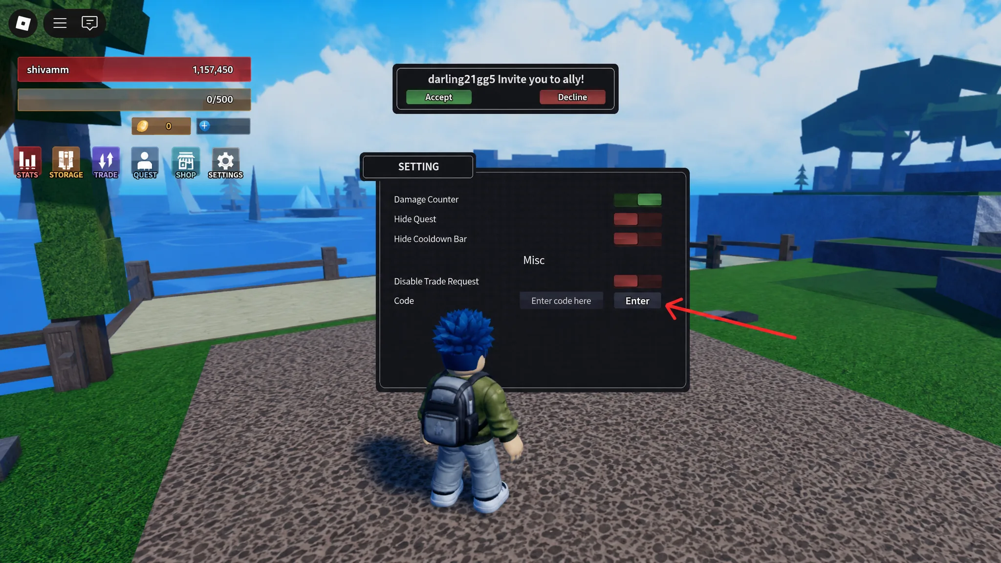 Rogue Piece code redemption settings menu in Roblox