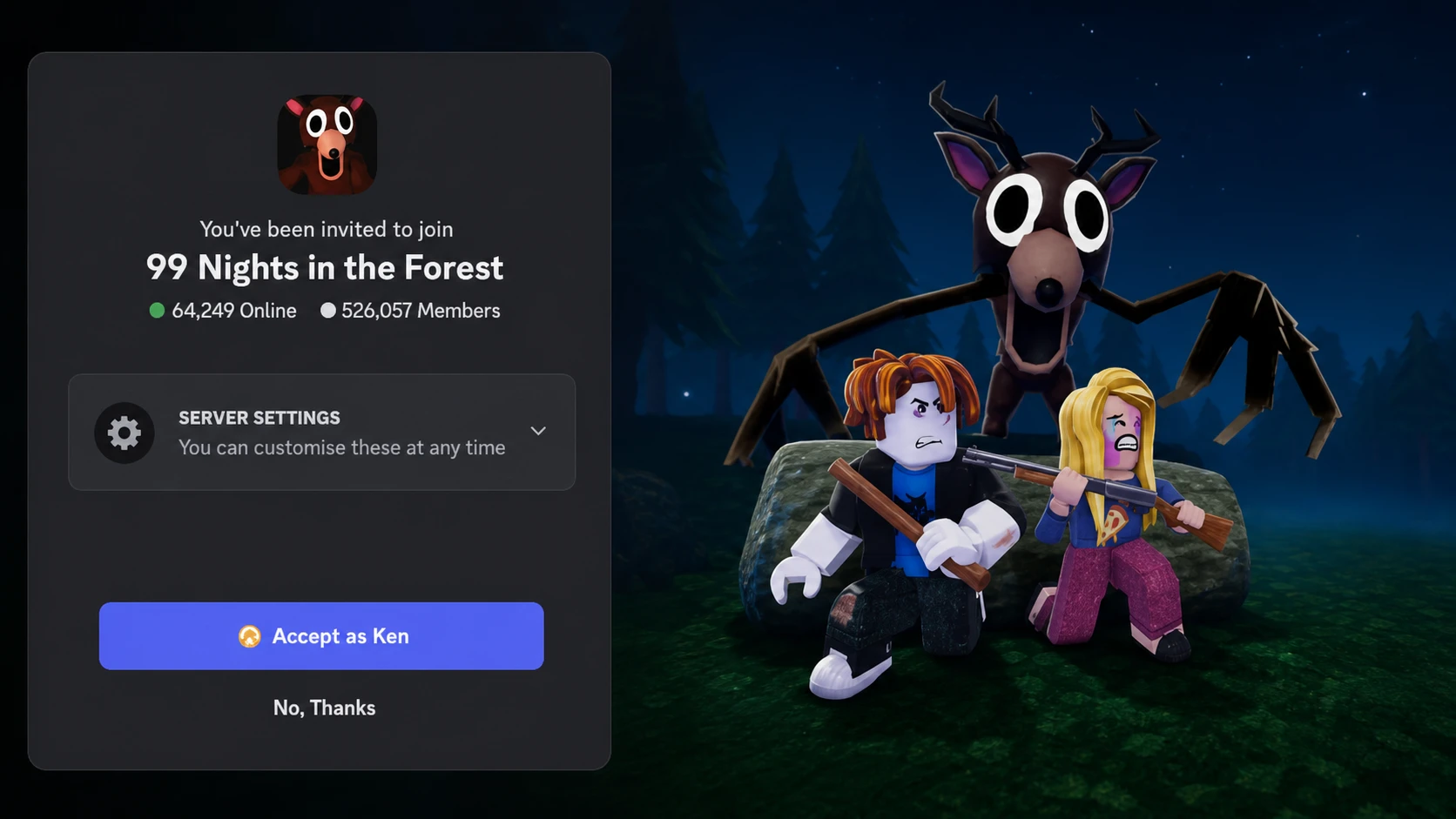 The official 99 Nights in the Forest Discord server join screen