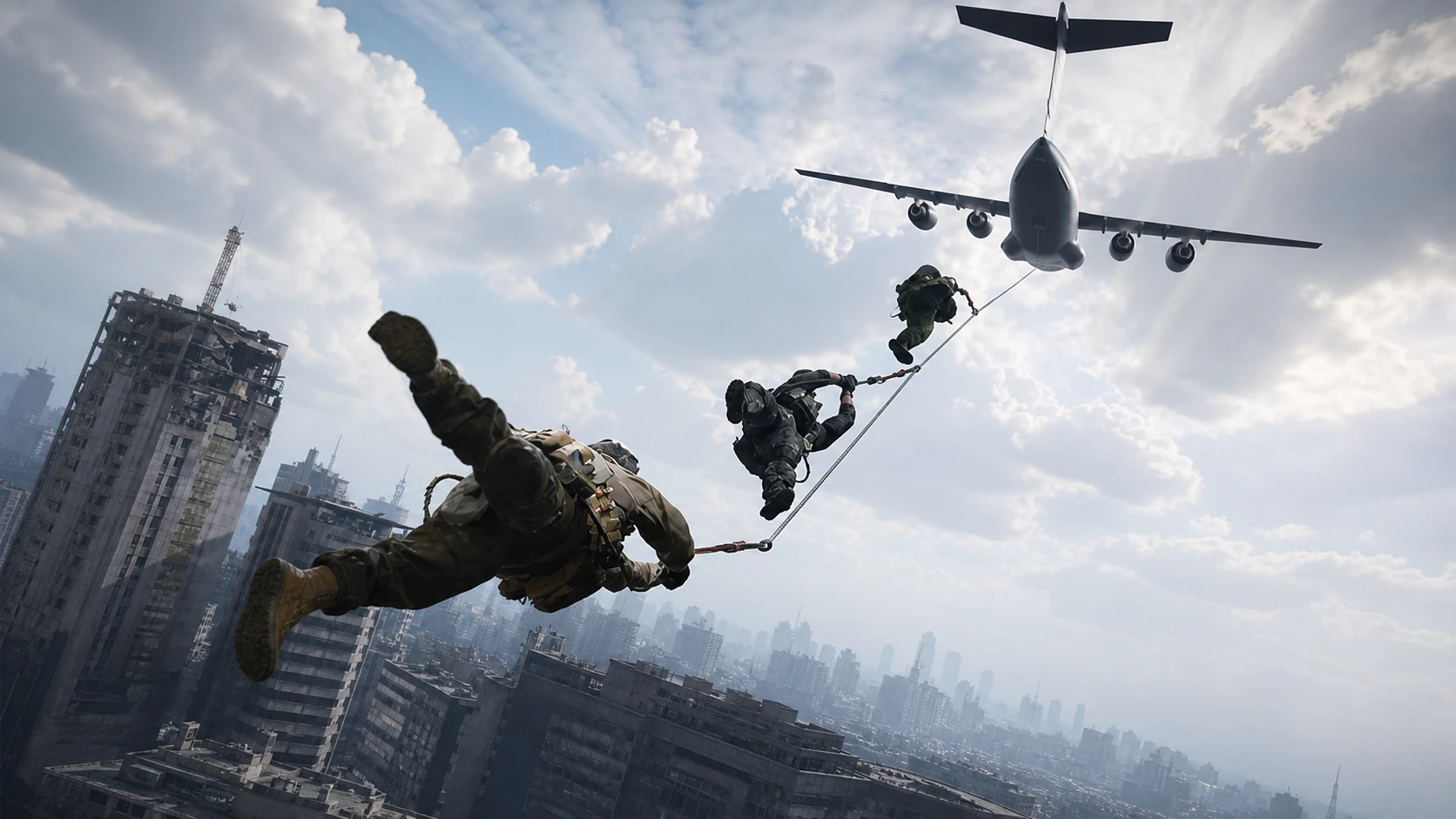 Modern Warfare 4 DMZ: An image of three operators escaping with a skyhook in Hajin