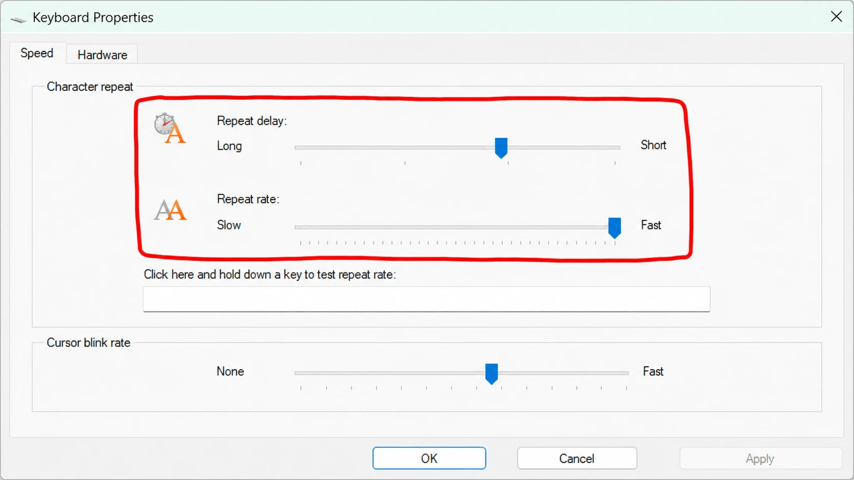 Adjust Repeat Delay and Repeat Rate for keyboard
