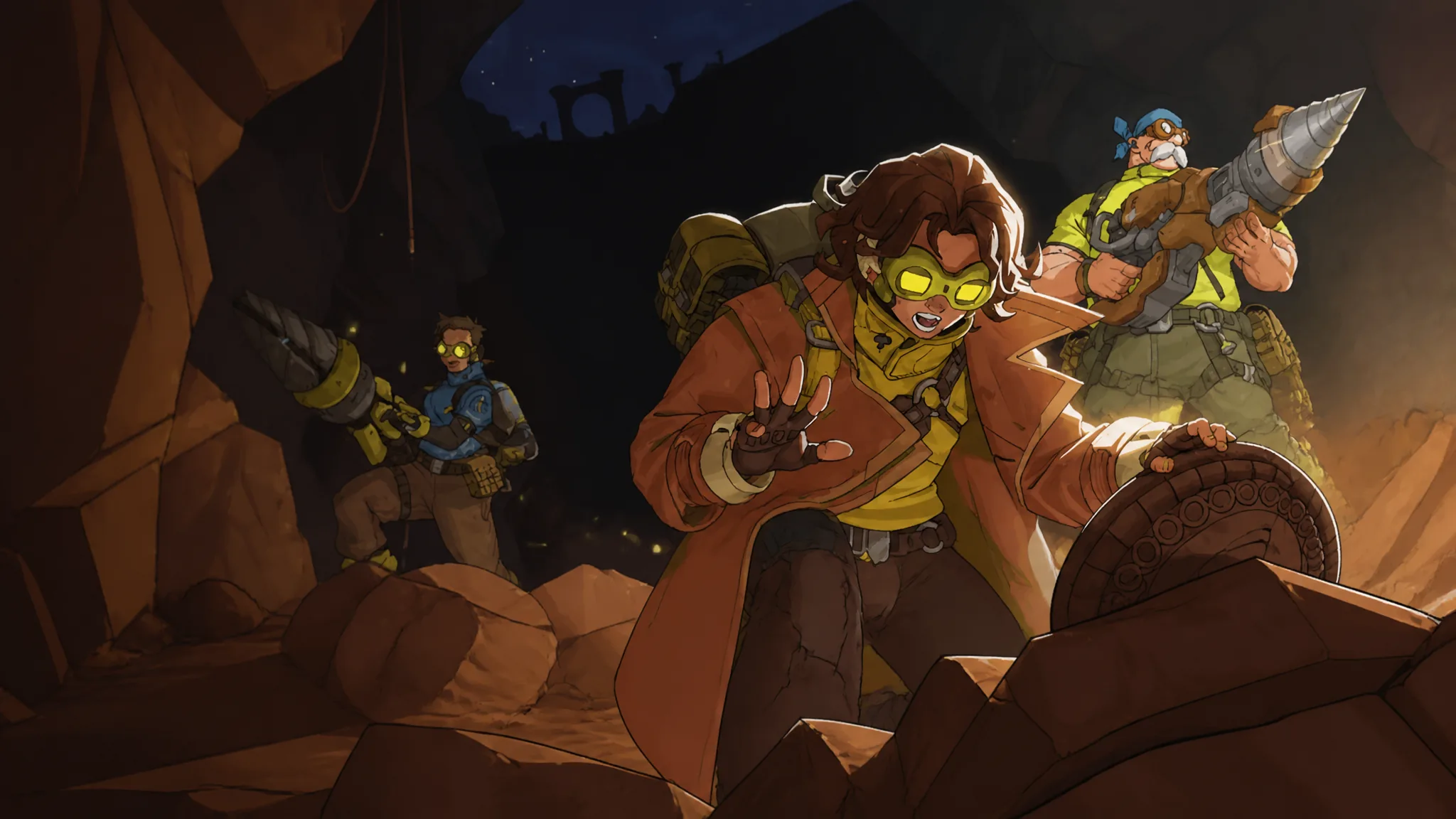 Overwatch events: Venture with his brown coat and hair, wearing yellow goggles