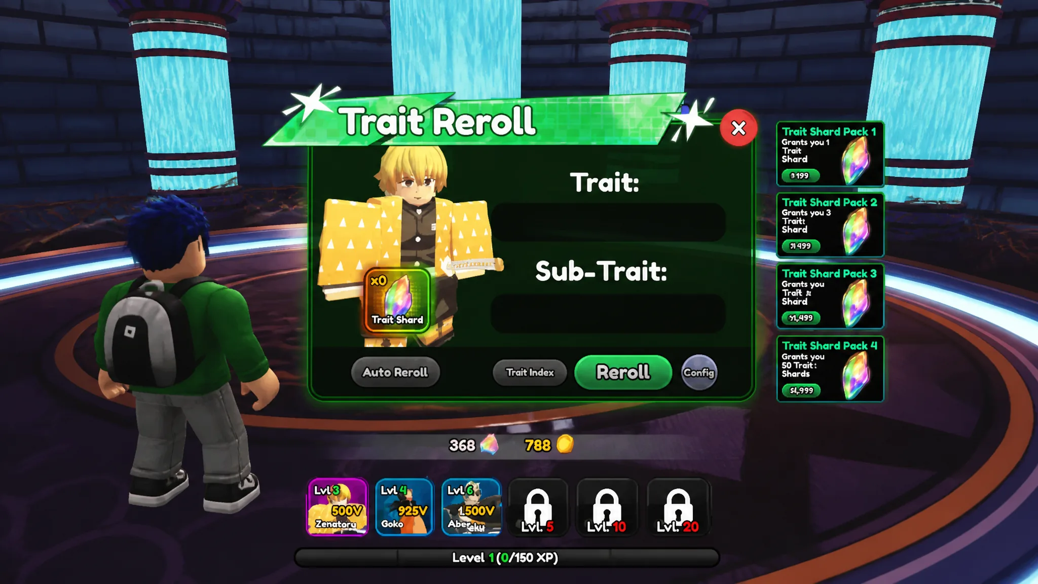 Anime Squadron tier list: A screenshot of the trait reroll screen with a PT logo in the top right corner