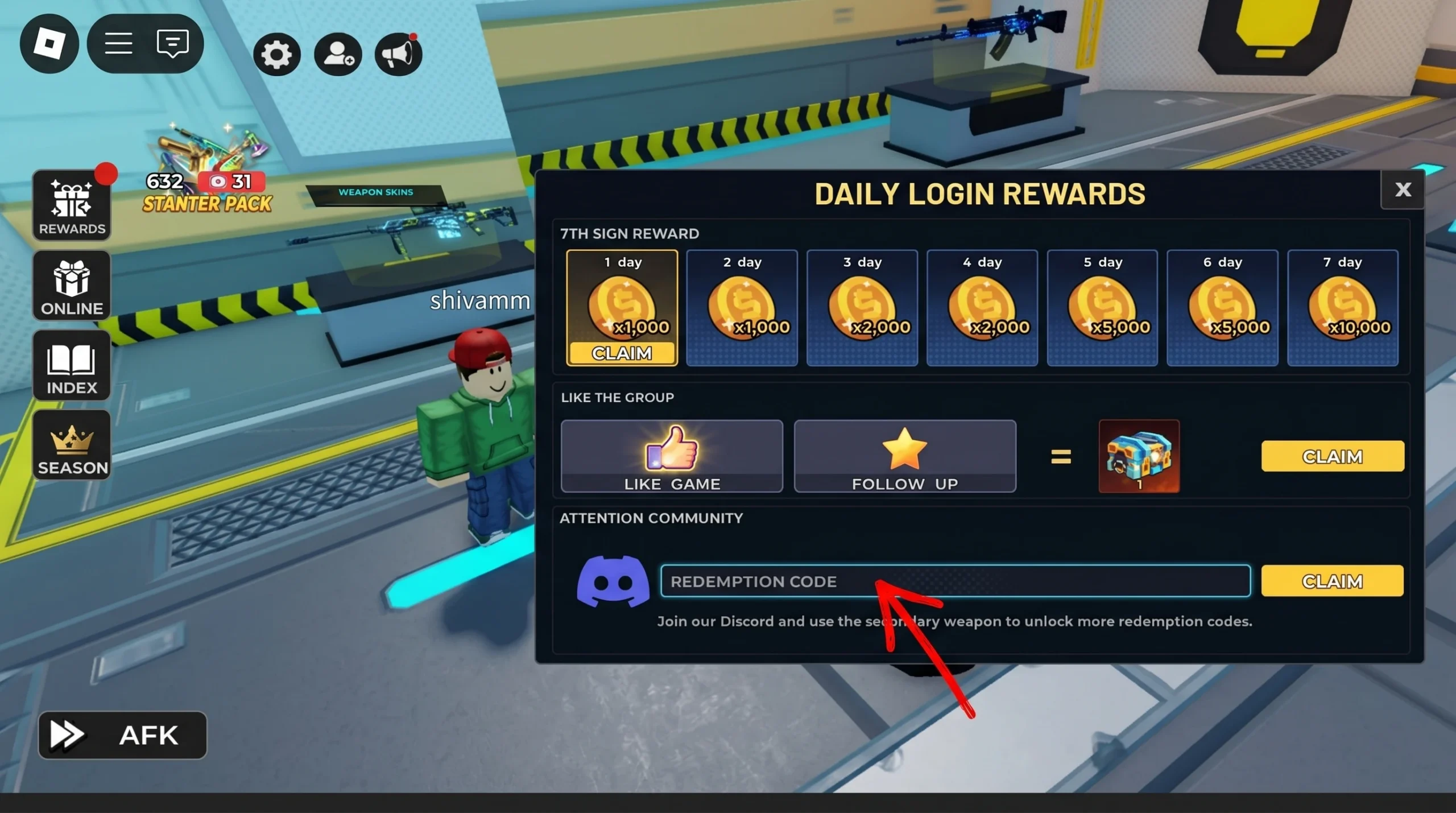 Roblox AirDrop Arena code system. Arrows pointing to the Rewards button and Codes section