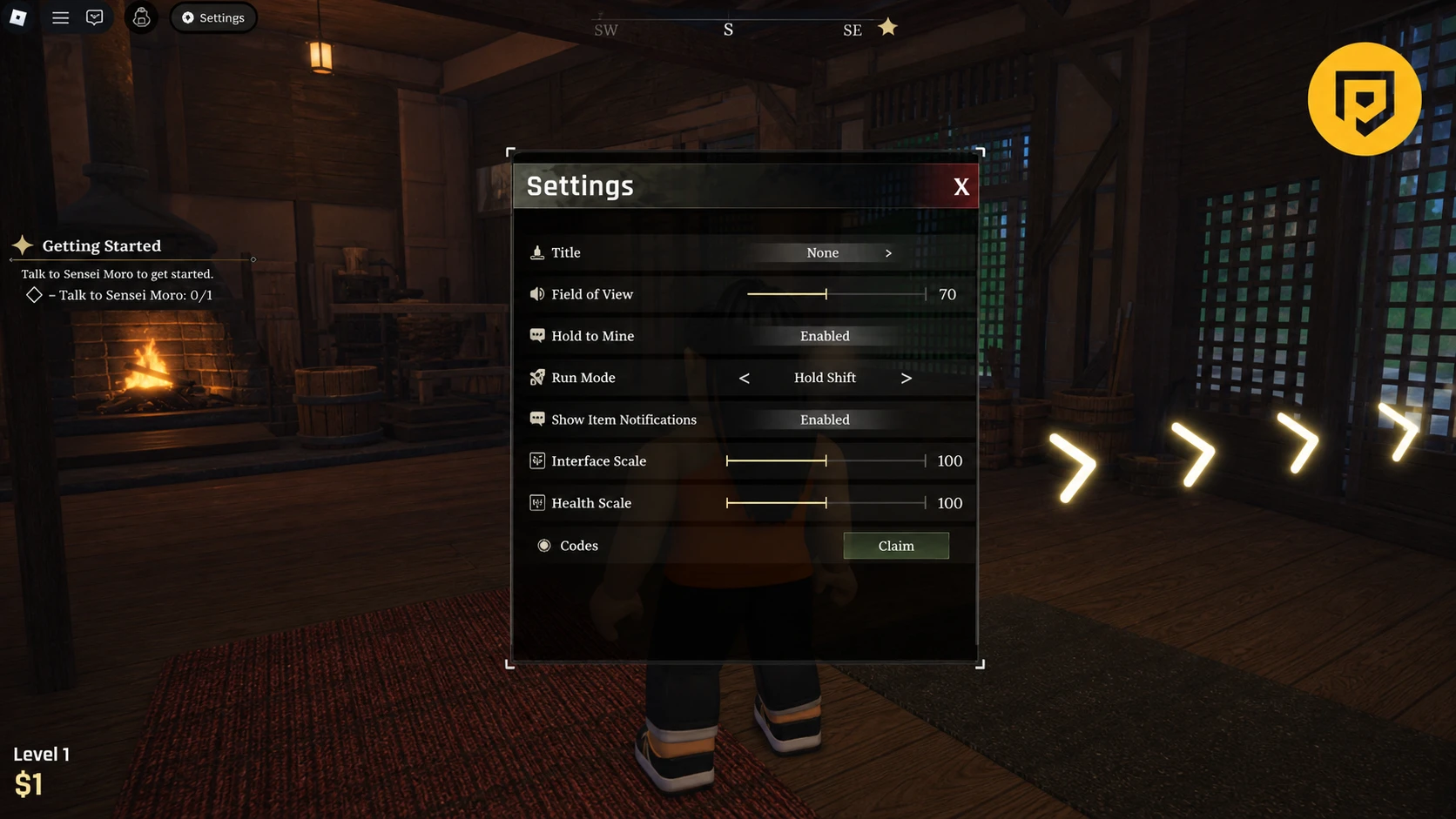 The Forge codes redemption screen in a wooden shack