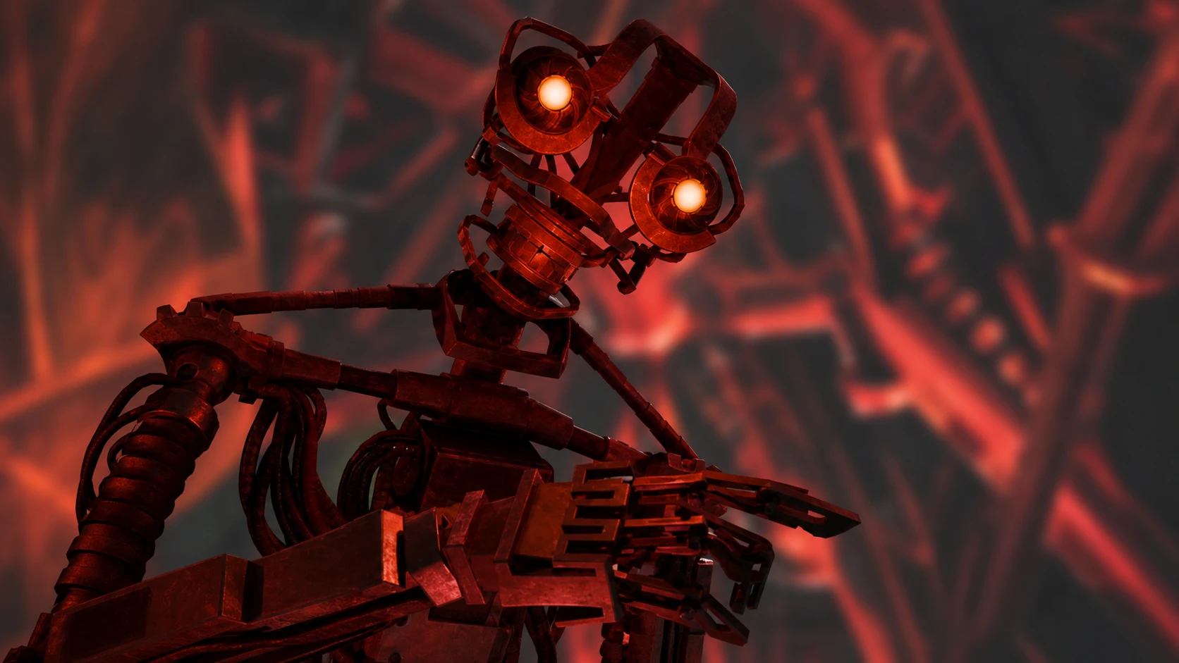 Bite by Night killers: a robot with red eyes in front of a blurred background