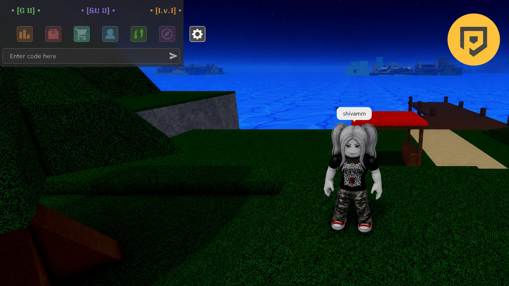 Verse Piece codes: A chat text box in the top left corner, the Pt logo in thr right, and an avatar stood on grass with a pier and sea in the background