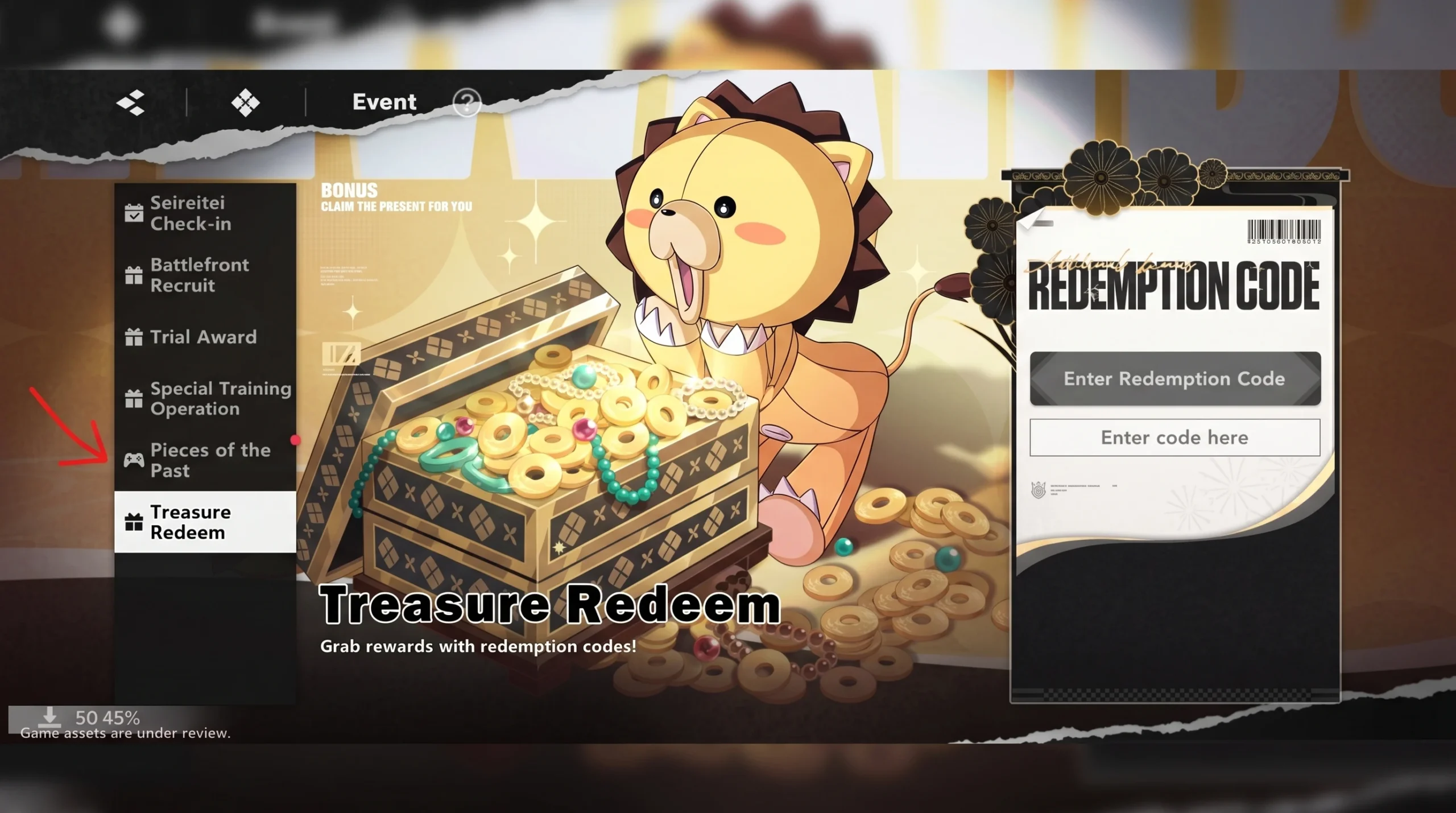 Bleach Soul Resonance codes: the stuffed lion toy, Kon, with a treasure chest