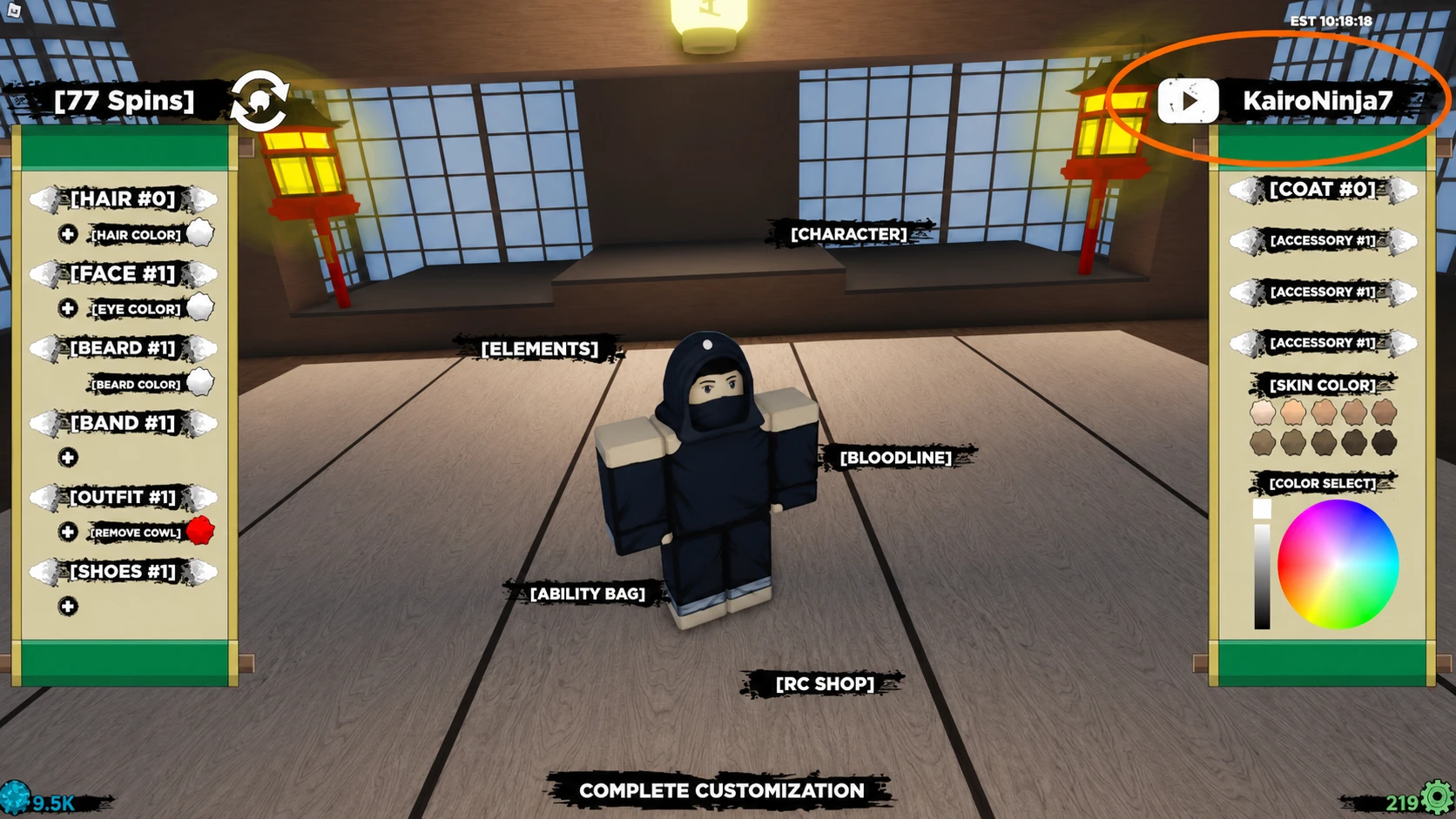 The custom screen with a space to redeem Shindo Life codes in the top right corner, circled in orange