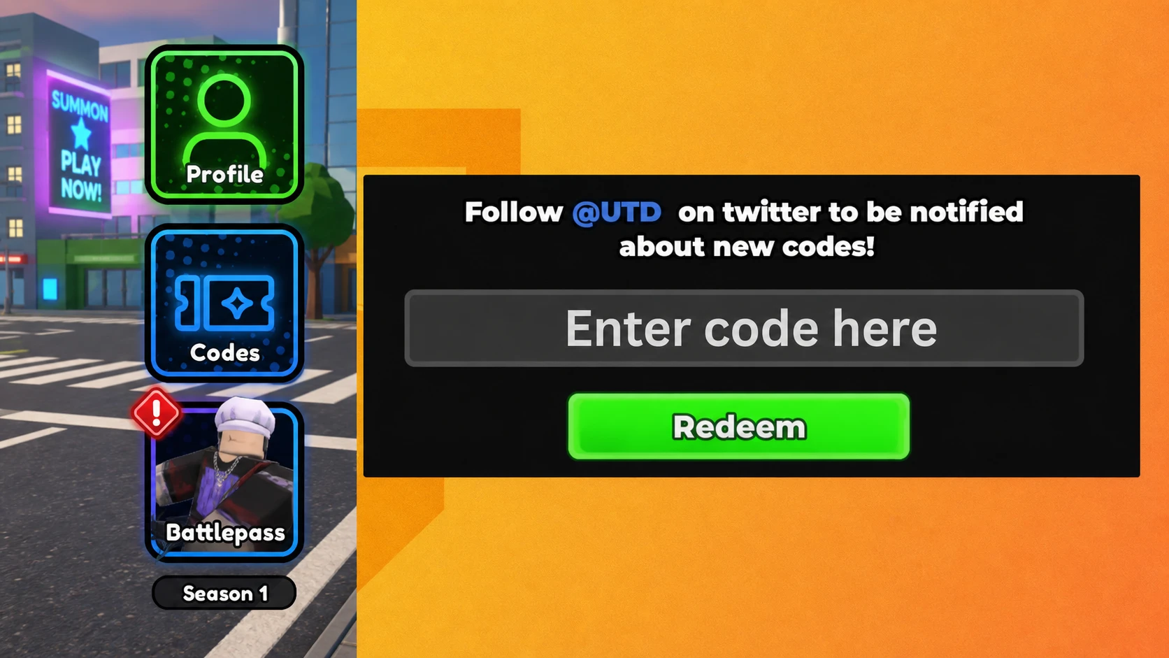 Universal Tower Defense codes: An image of the code redemption box in Universal Tower Defense