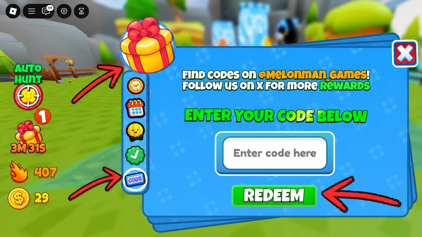 Weapon RNG codes redemption screen showing the arrow pointing to the Gift icon at the left, and the code redemption system