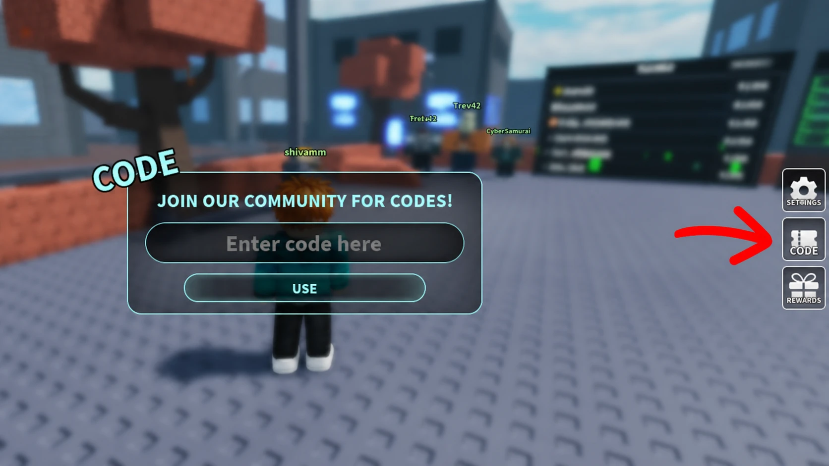 The Heads, Please codes redemption panel in Roblox with an arrow pointing at the codes button on the right side of the screen
