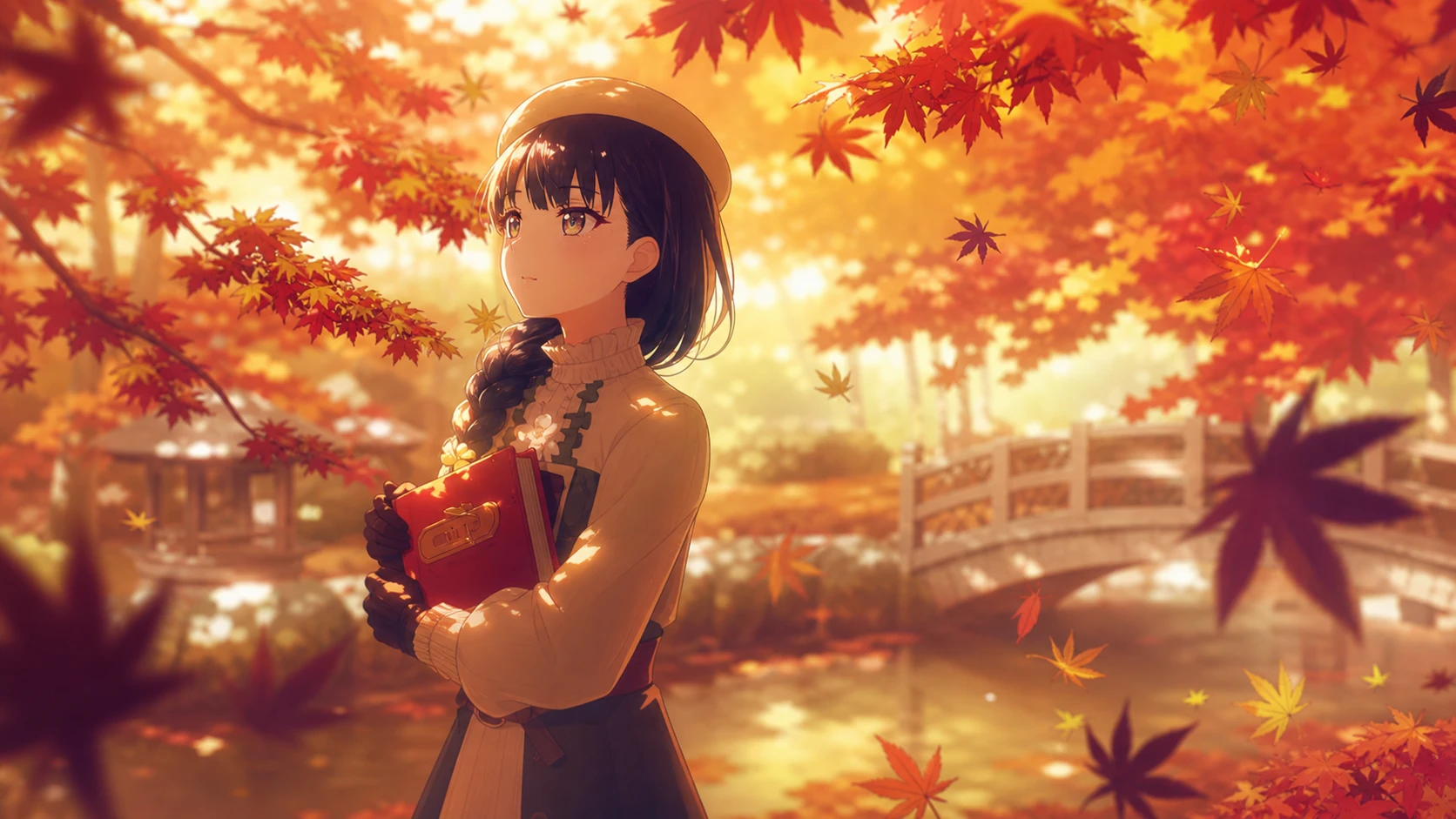 Project Sekai events: Haruka standing by an autumn maple tree in a park