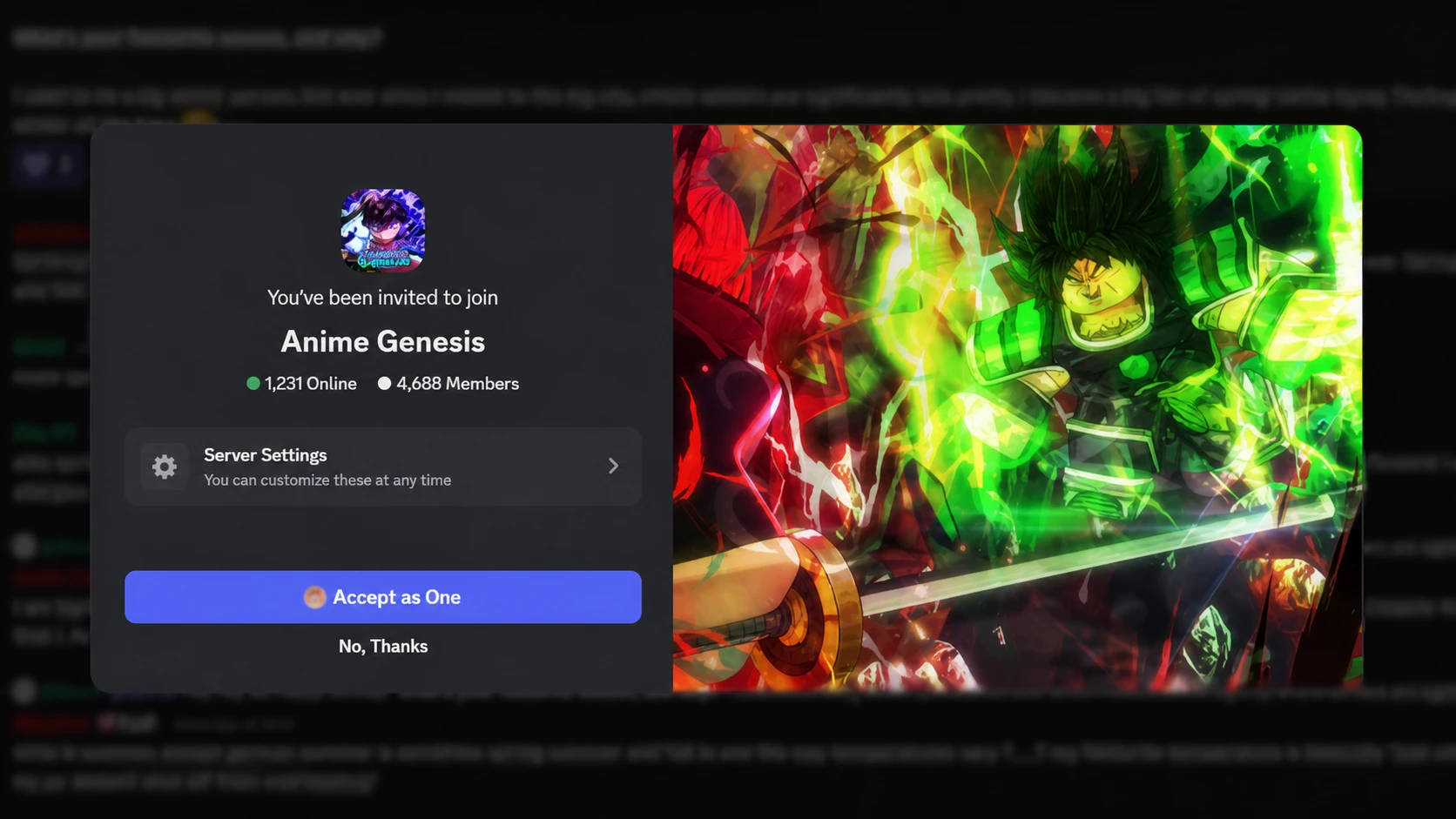 Anime Genesis codes: The Discord invite screen with a PT logo in the top right corner