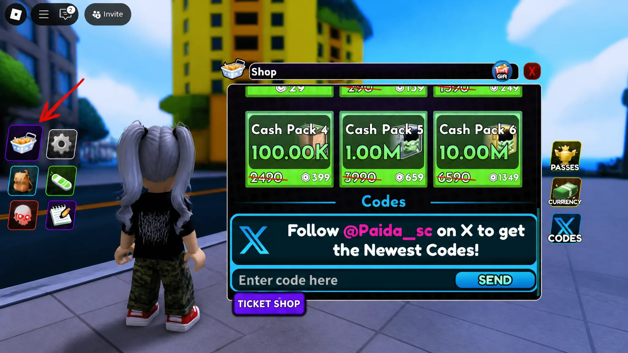 Arise Crossover code redemption screen showing the text input box inside the shop menu