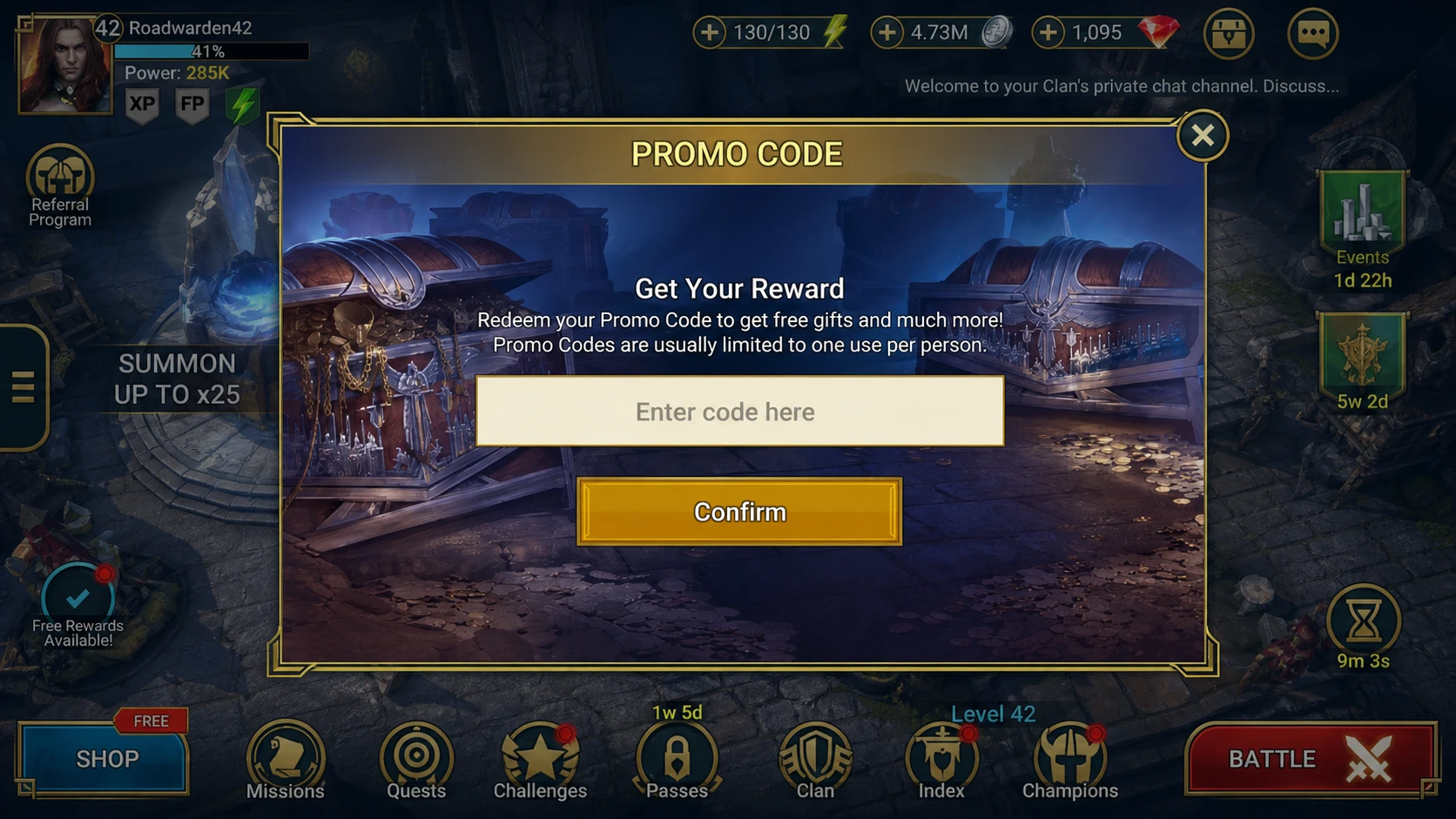 Raid codes: The redemption screen in-game for Raid Shadow Legends codes