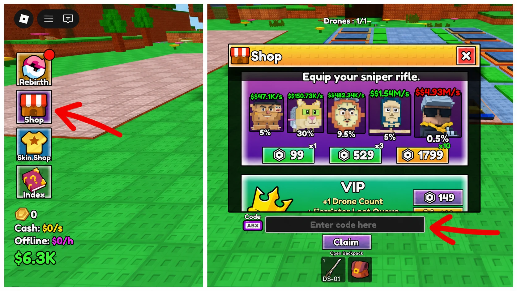 Roblox Brainrot Sniper code system. Arrows pointing to the shop icon and codes box