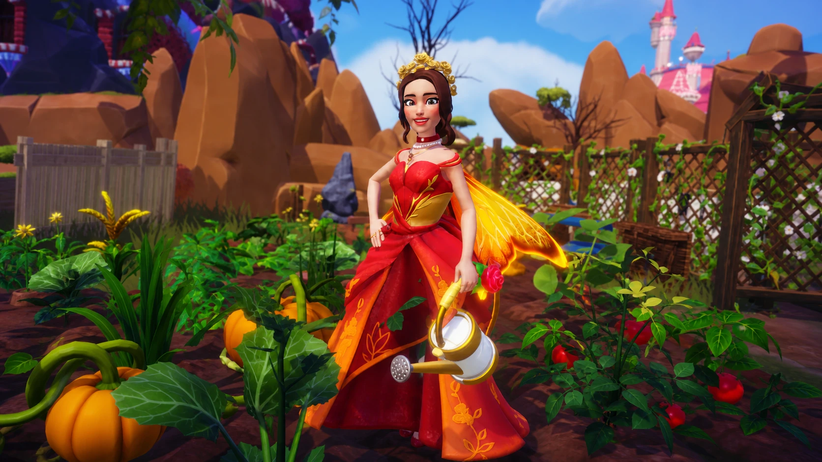 Player in red and gold dress standing in garden holding watering can in disney dreamlight valley