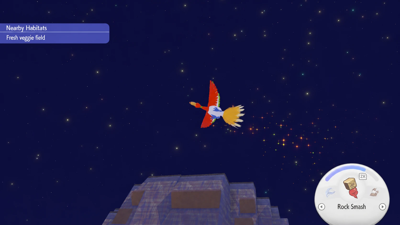 Pokopia legendary Pokemon: Ho-oh flying overhead in a night sky with a PT logo in the top right corner