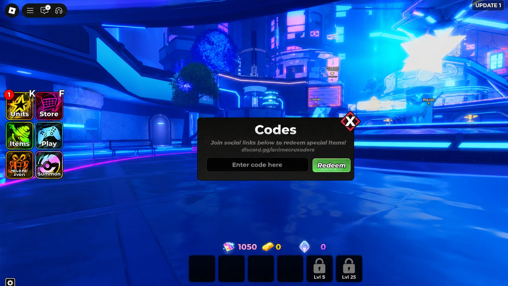 Anime Crusaders codes redemption screen next to a huge glowing star