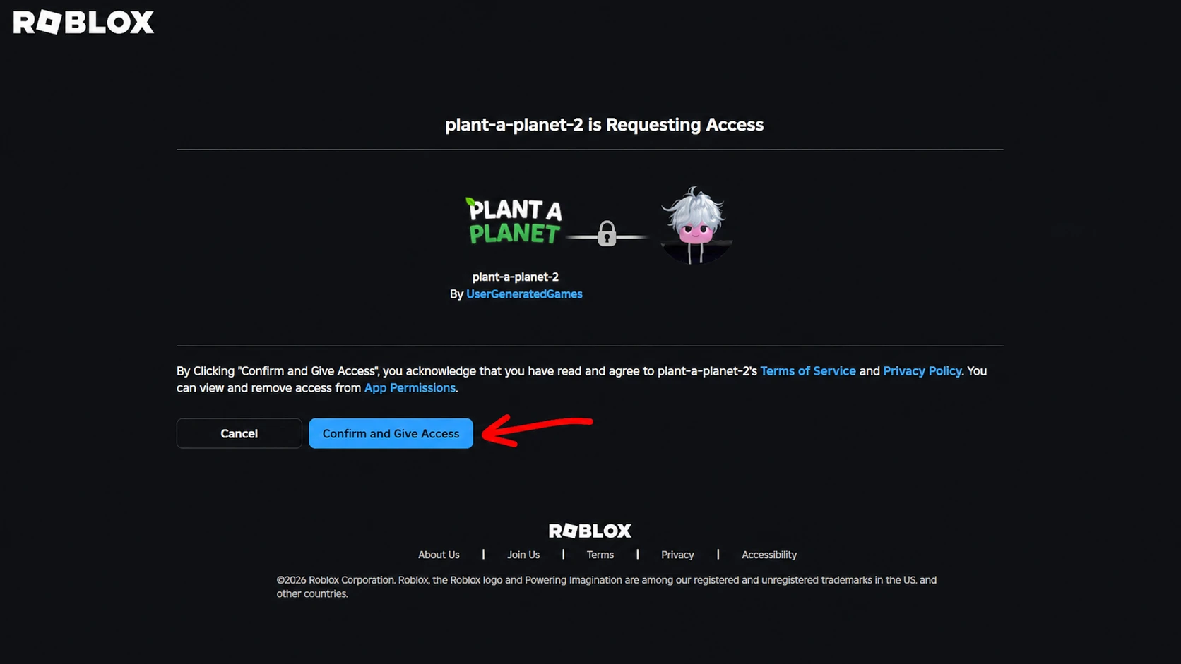 Give Roblox access to GAG 2