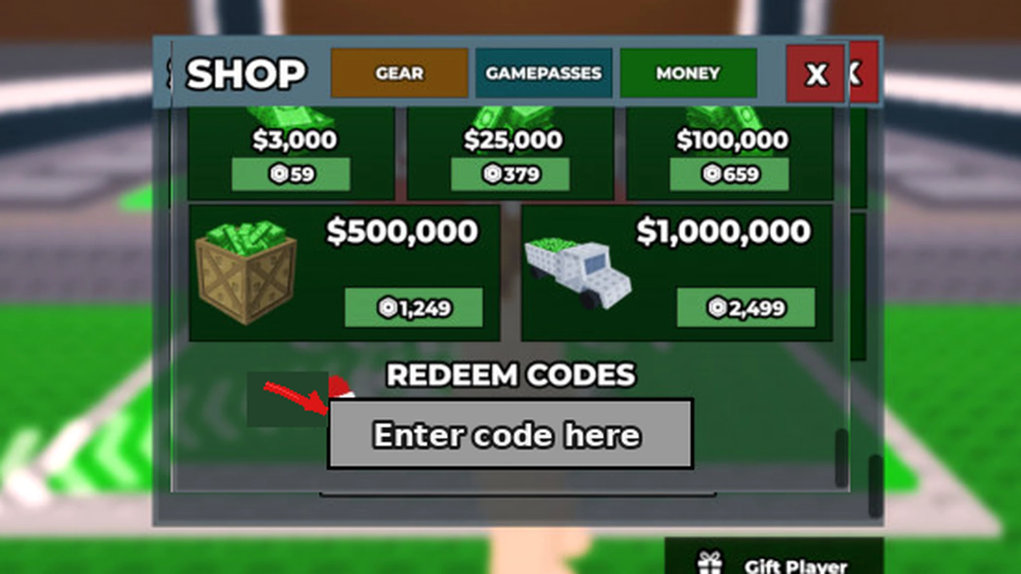 Screenshot of the Steal a Brainrot codes redeem menu
