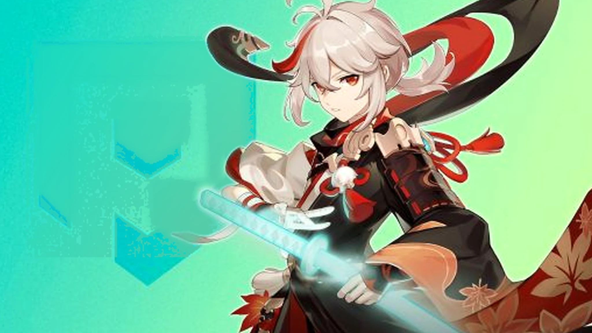 Genshin Impact Kazuha drawing his sword over a green and turquoise Pocket Tactics background