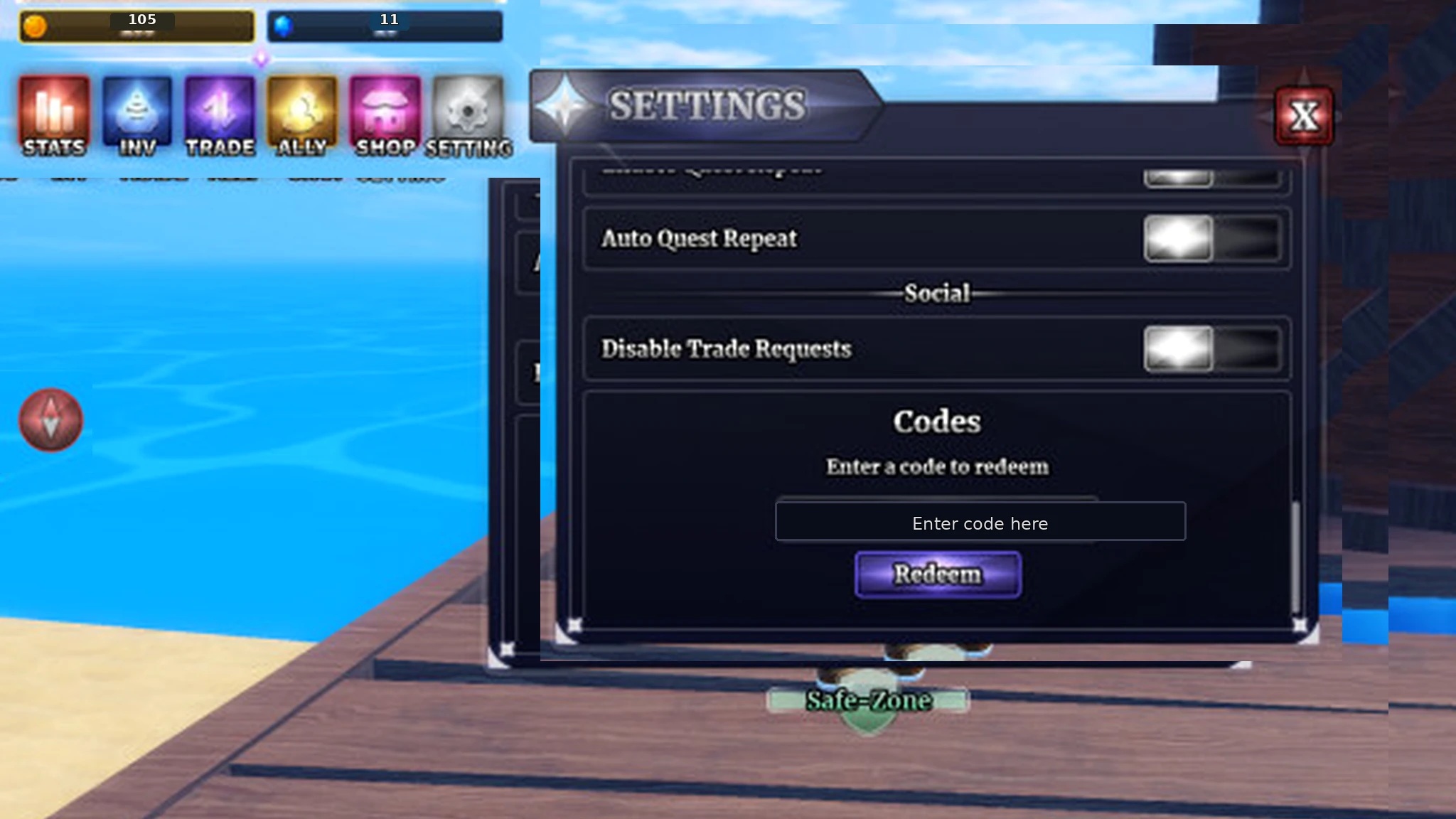 Sailor Piece codes redemption screen with a code entered