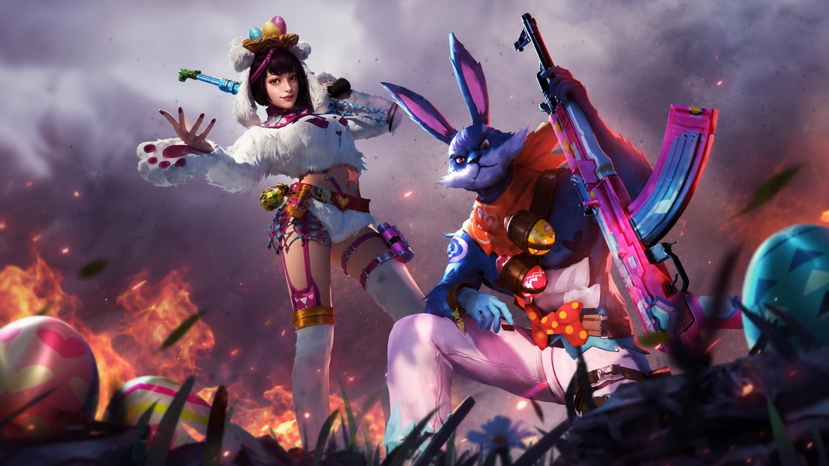 Free Fire redeem codes today - a girl and a rabbit man holding guns ready for battle