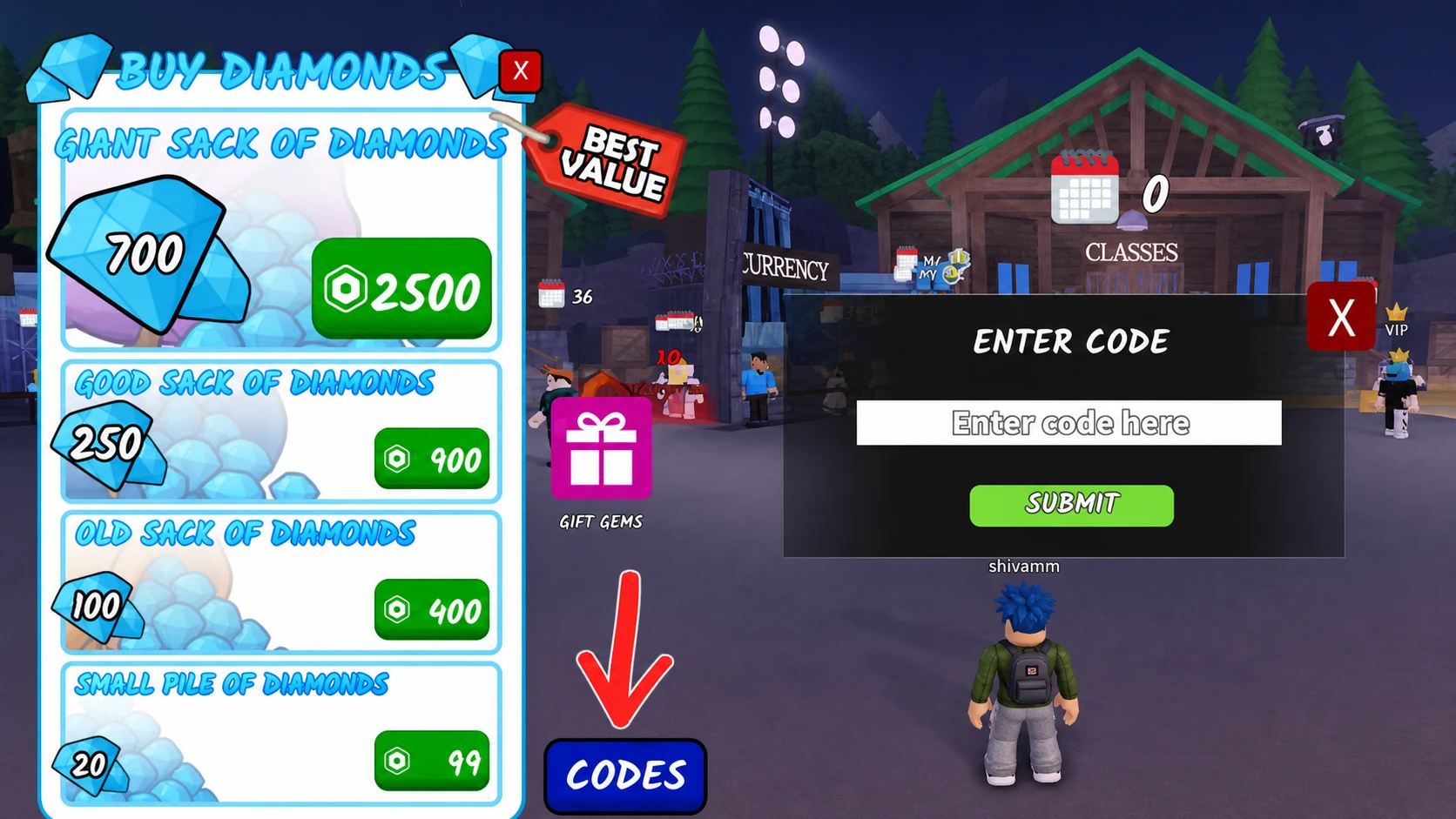 The code redemption menu and gems screen in 99 Nights in the Forest